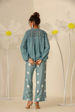 Petrol blue lace top with bandhej pants - Set of two