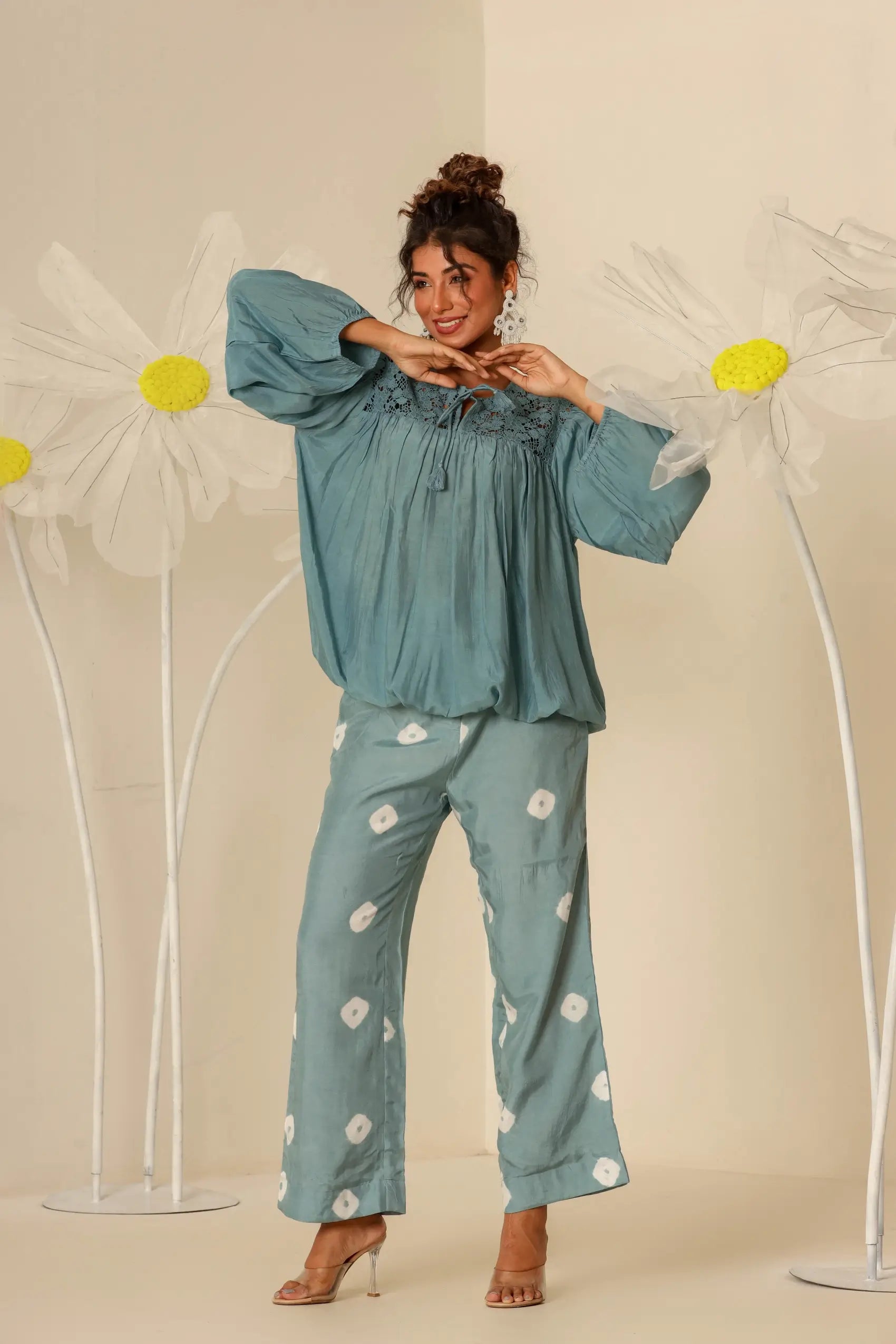 Petrol blue lace top with bandhej pants - Set of two
