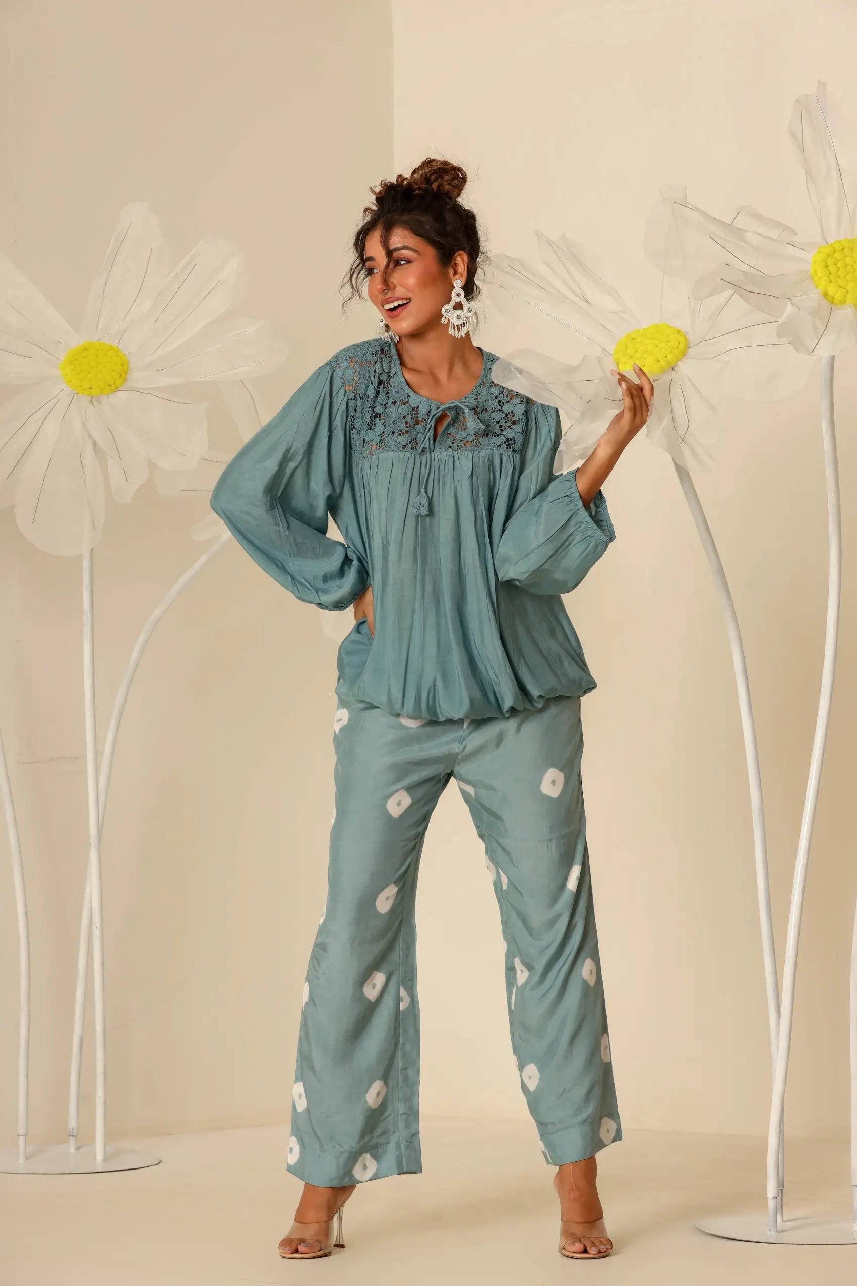 Petrol blue lace top with bandhej pants - Set of two