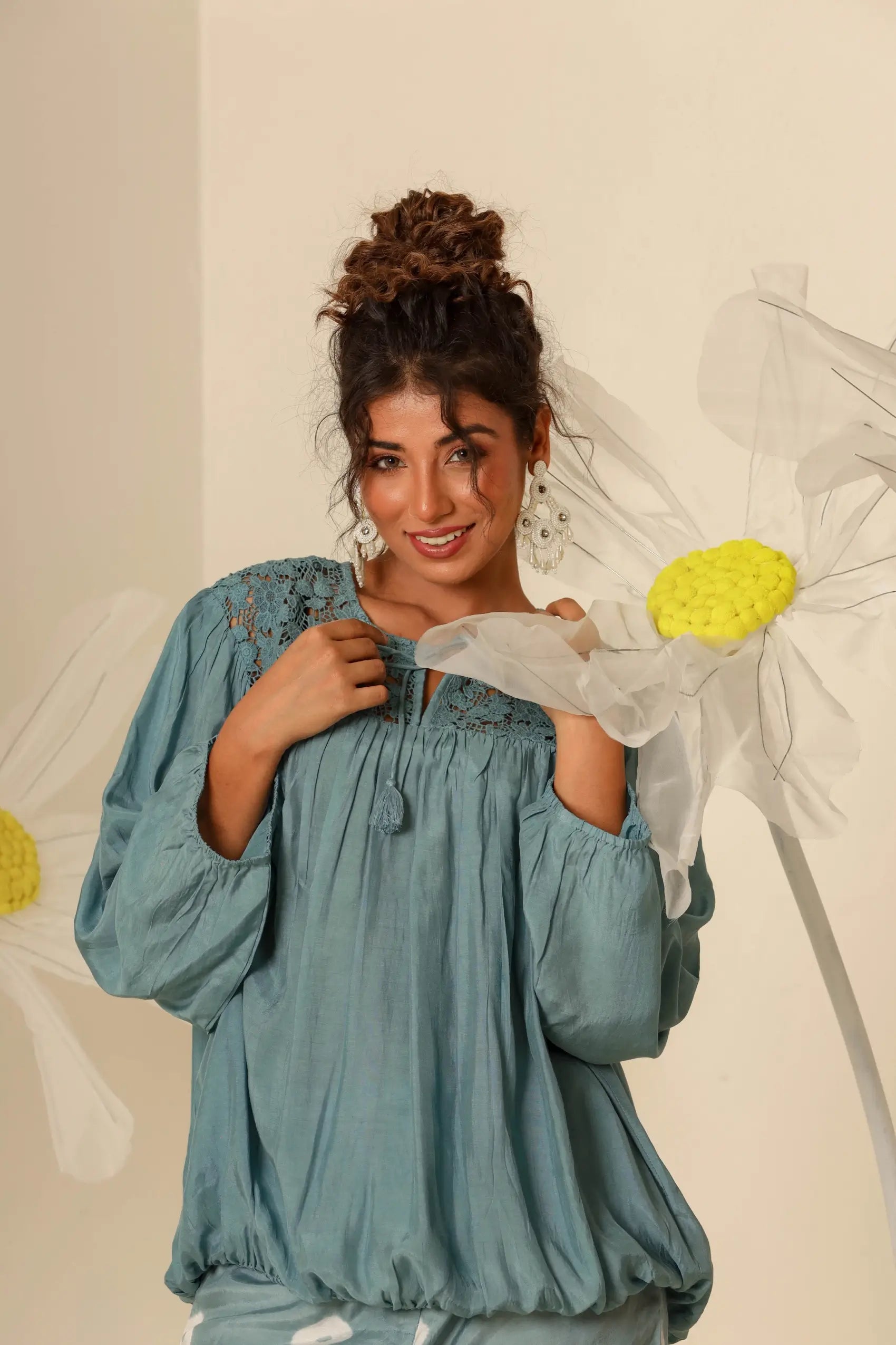 Petrol blue lace top with bandhej pants - Set of two