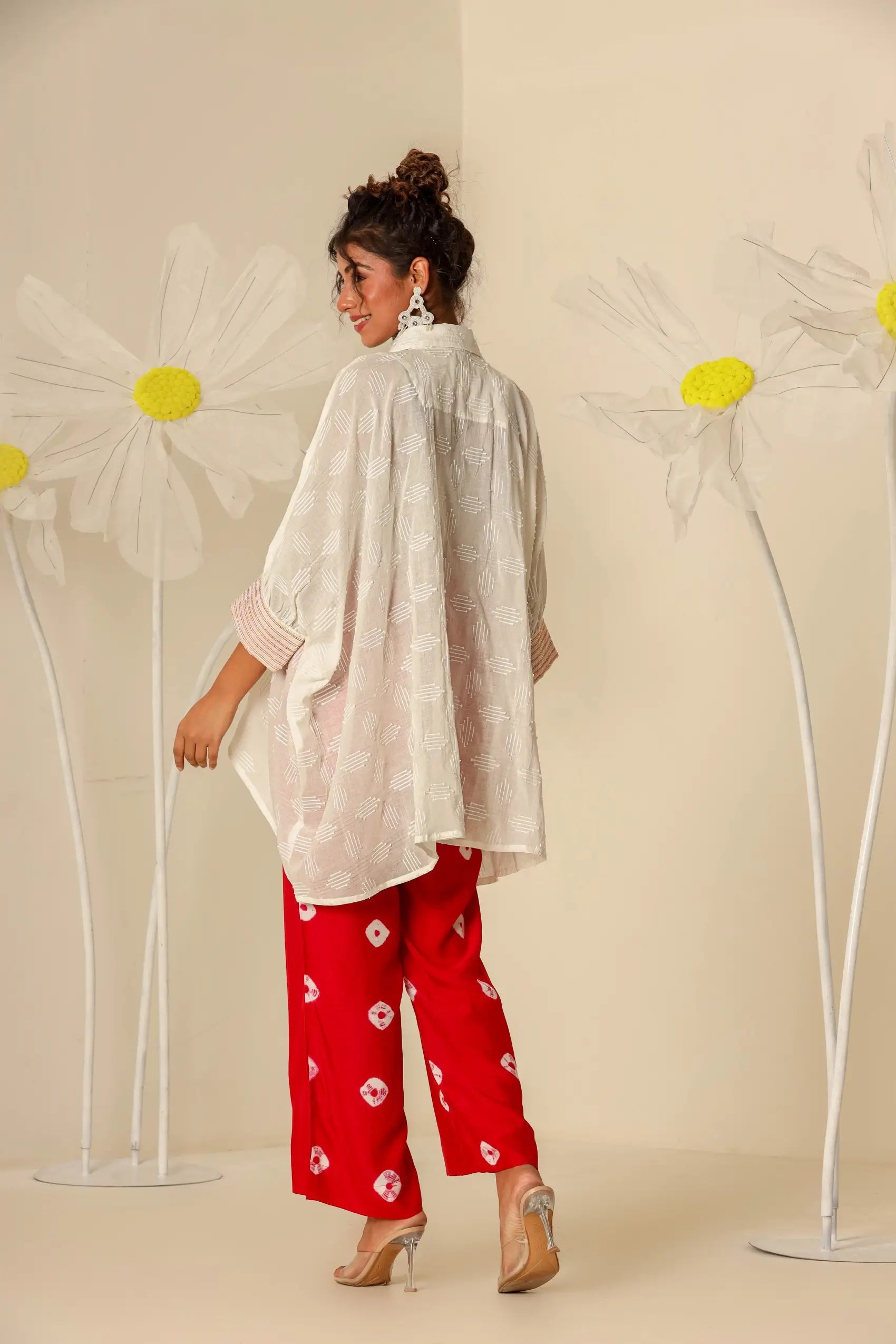 Off White shirt kaftan with red tie & dye bandhej pants - Set of 2