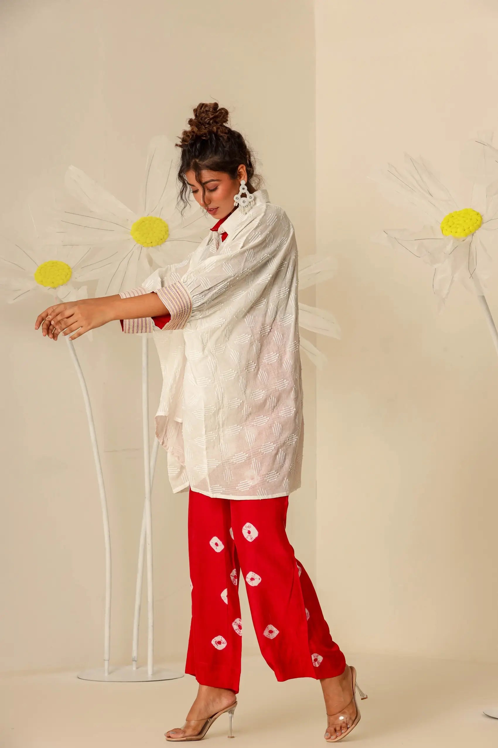 Off White shirt kaftan with red tie & dye bandhej pants - Set of 2