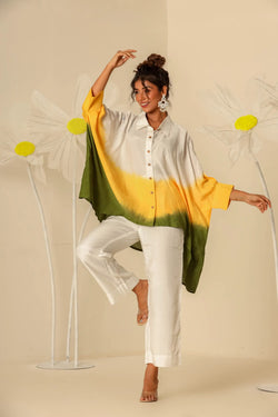 Yellow green Ombre kaftan shirt with pants - Set of two