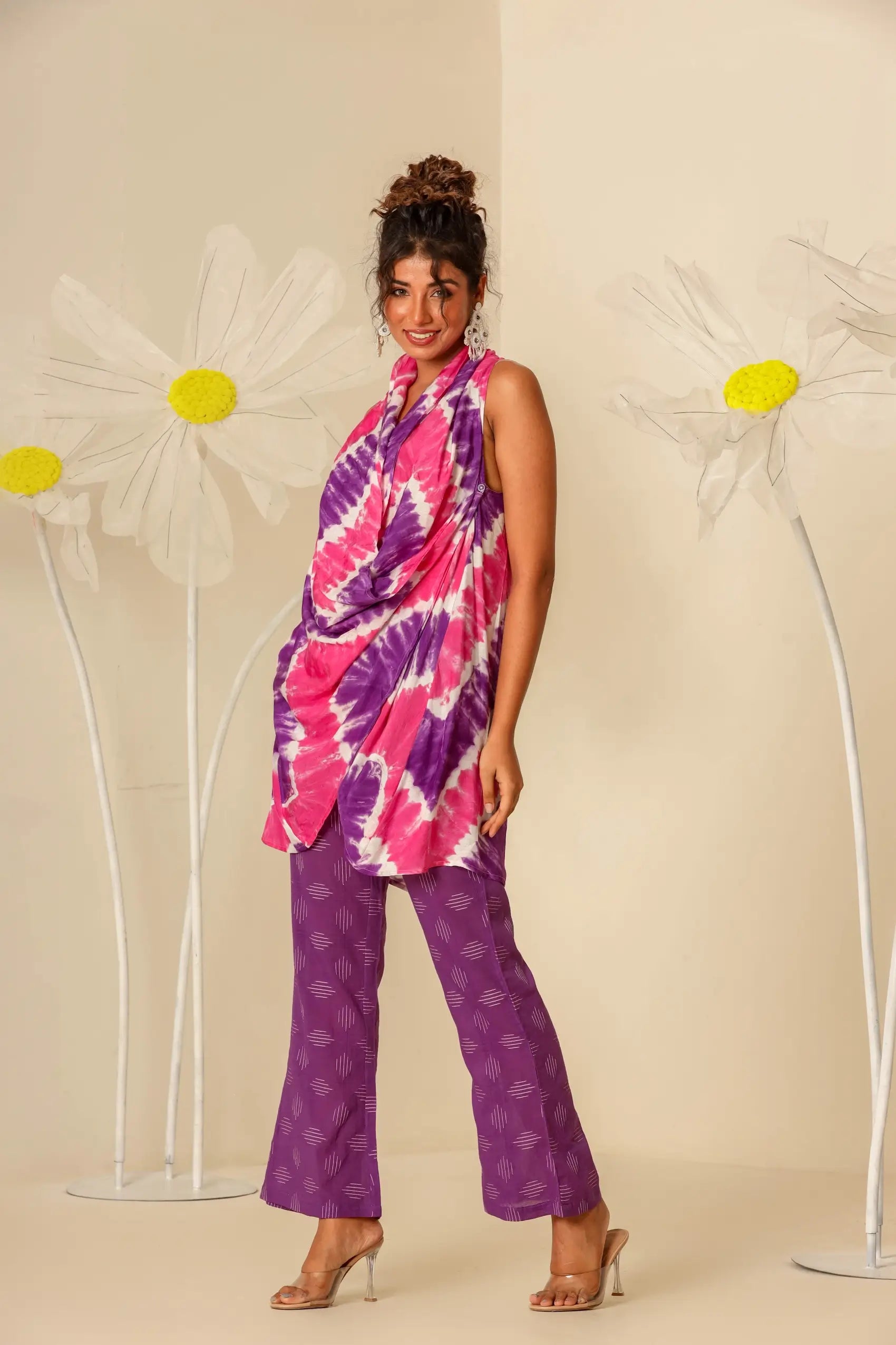 Pink and Purple Lehariya Long Top with Pants- Set of 2