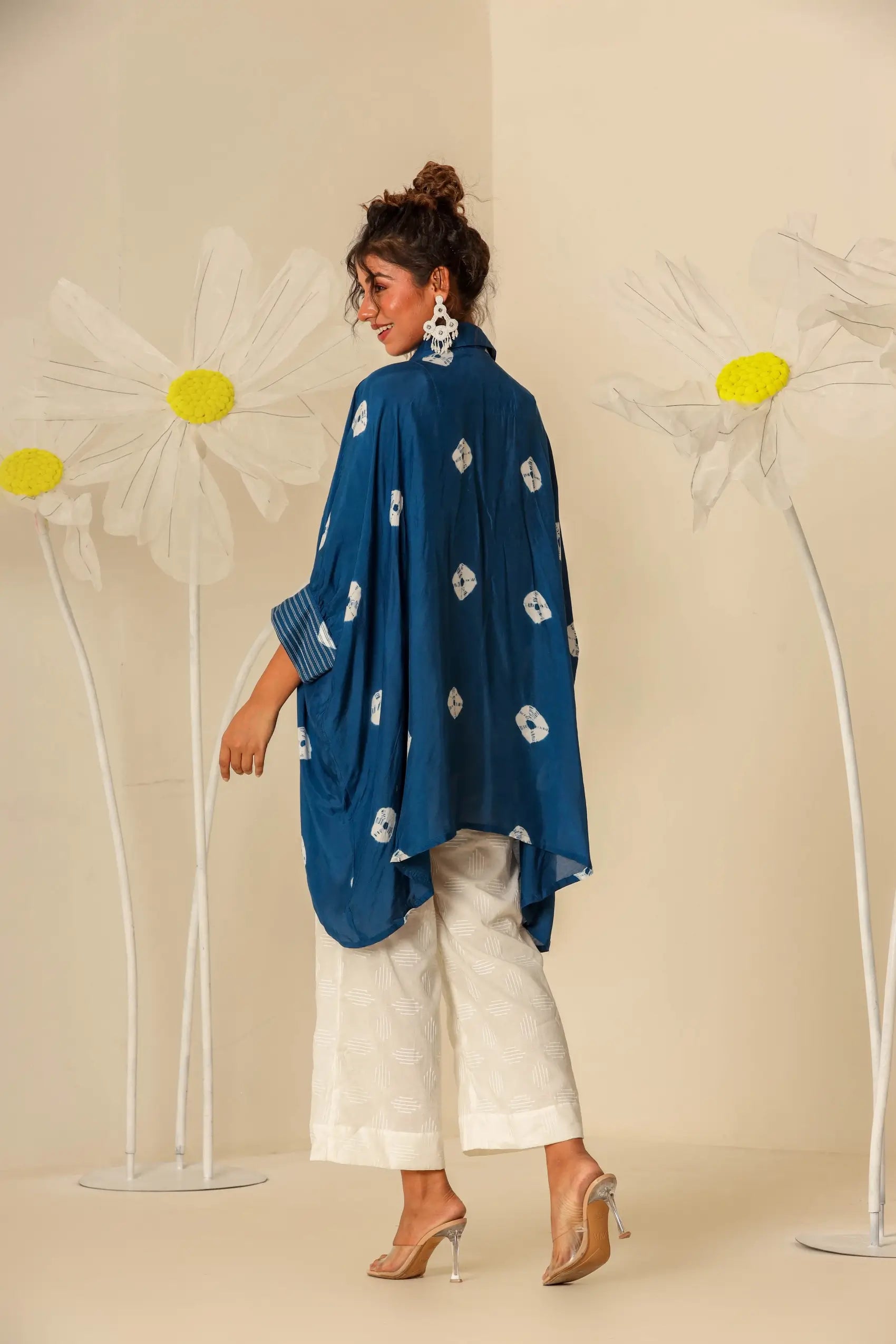 Blue Kaftan Shirt with Off white Pants - Set of two