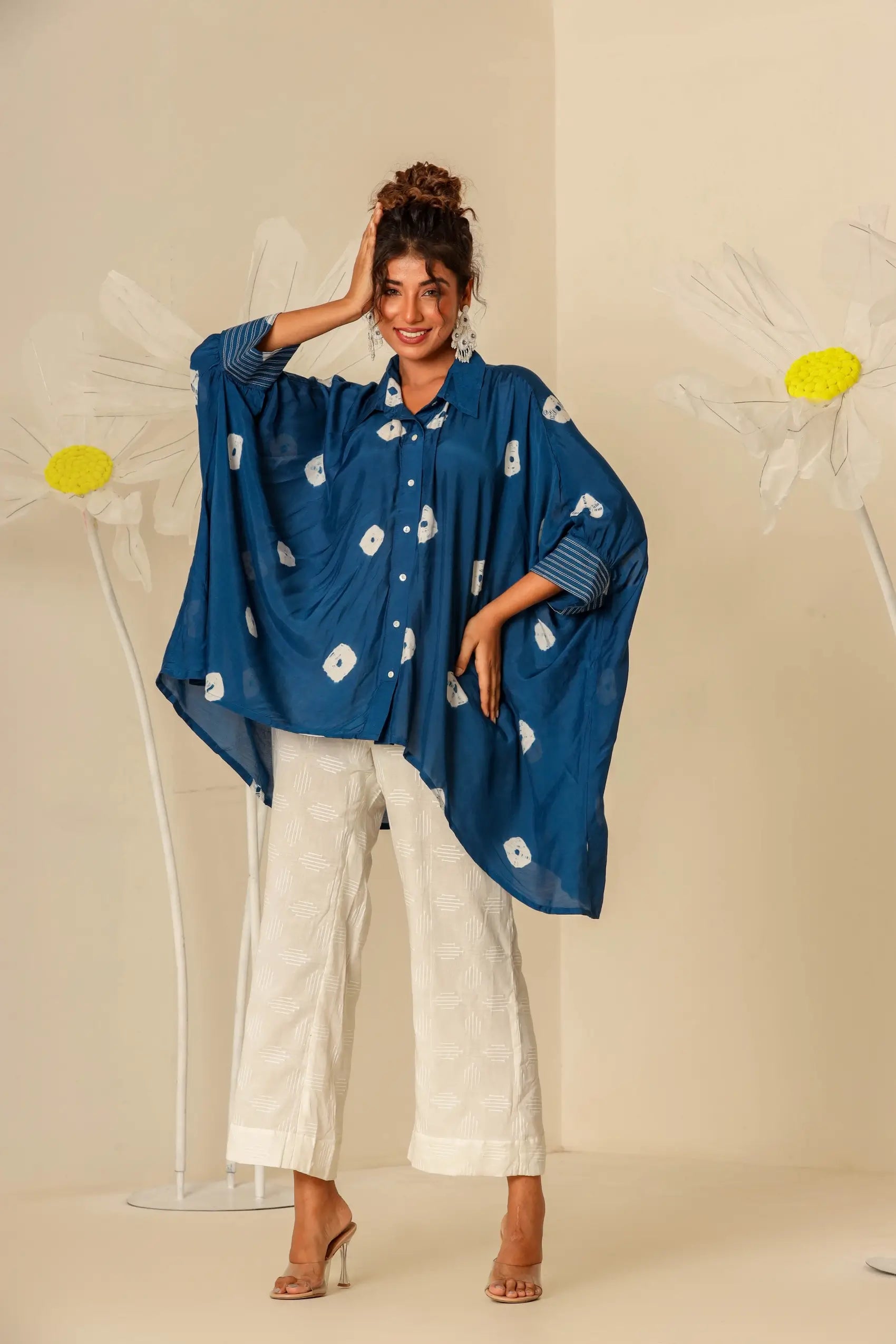 Blue Kaftan Shirt with Off white Pants - Set of two