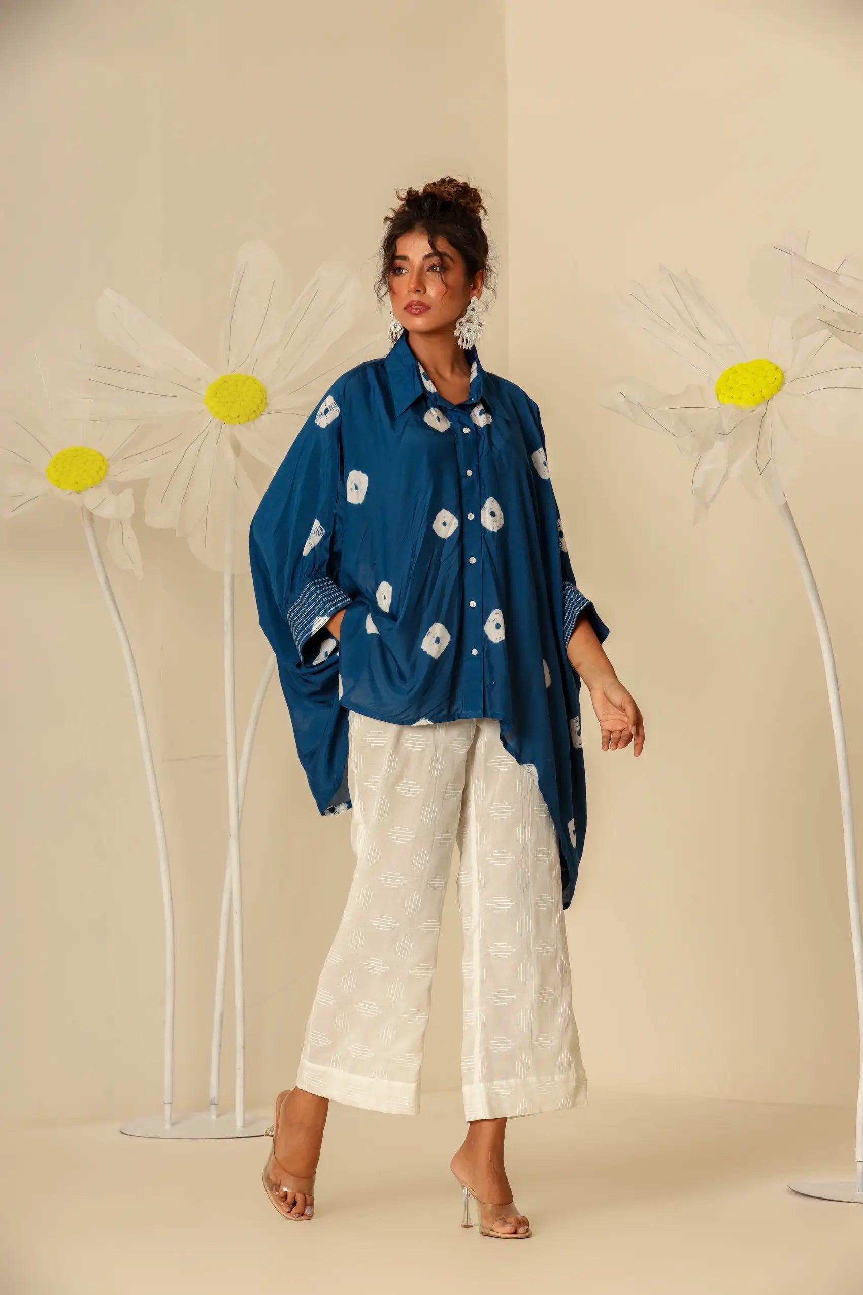 Blue Kaftan Shirt with Off white Pants - Set of two