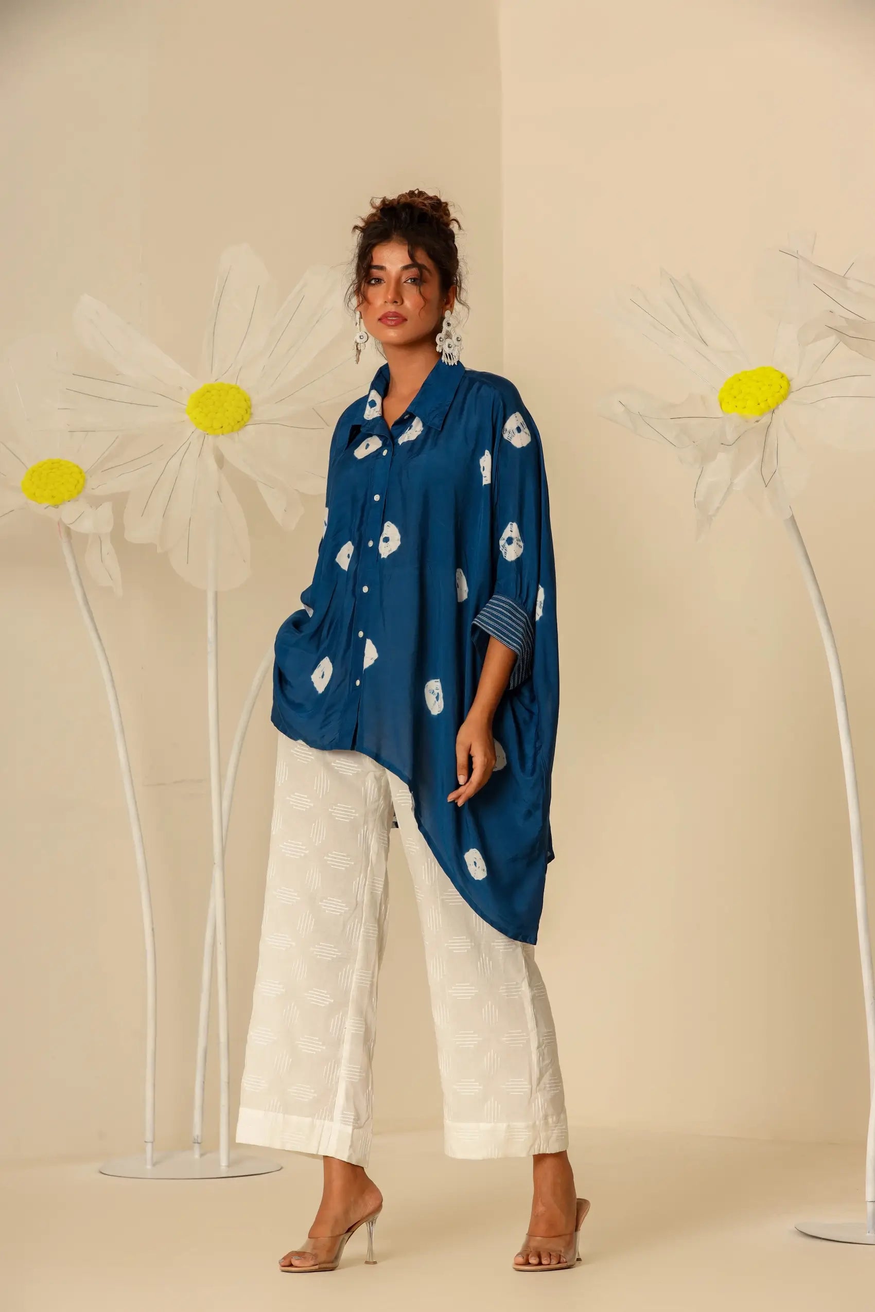 Blue Kaftan Shirt with Off white Pants - Set of two