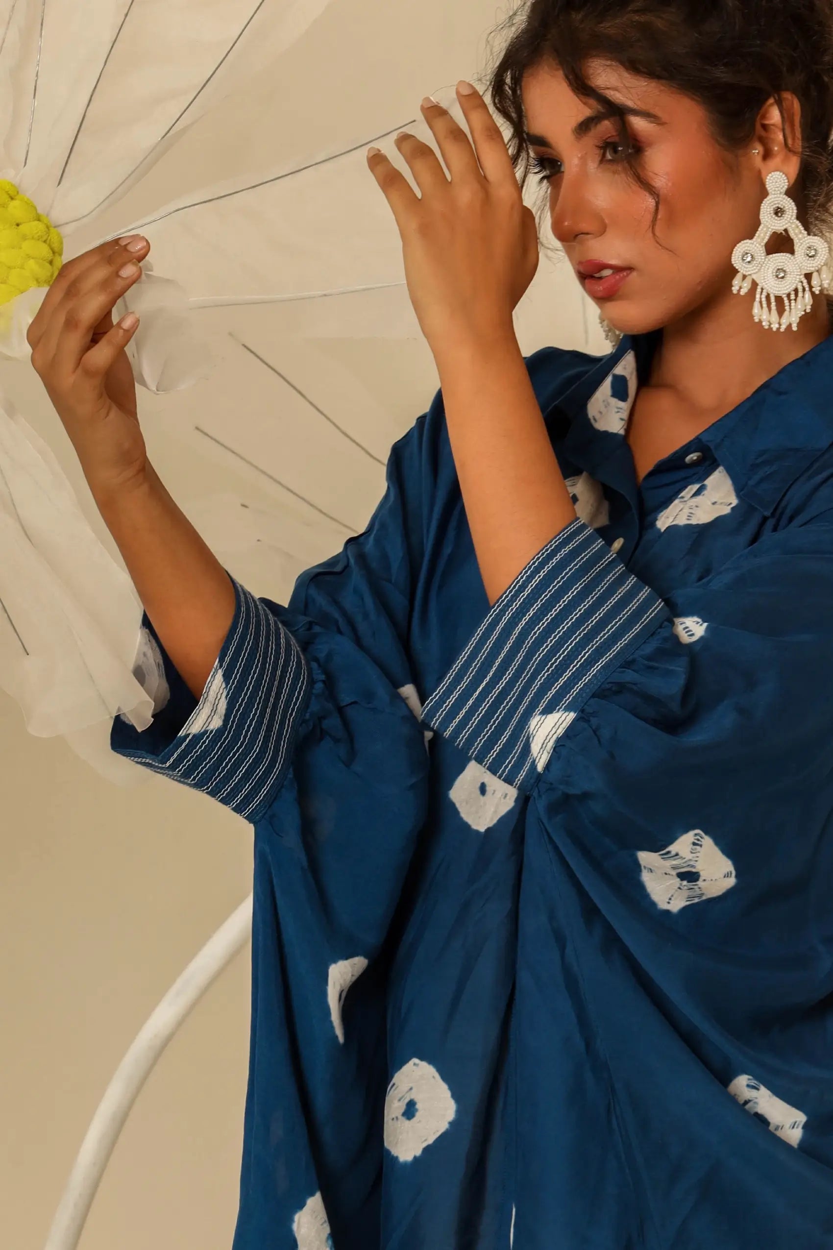 Blue Kaftan Shirt with Off white Pants - Set of two