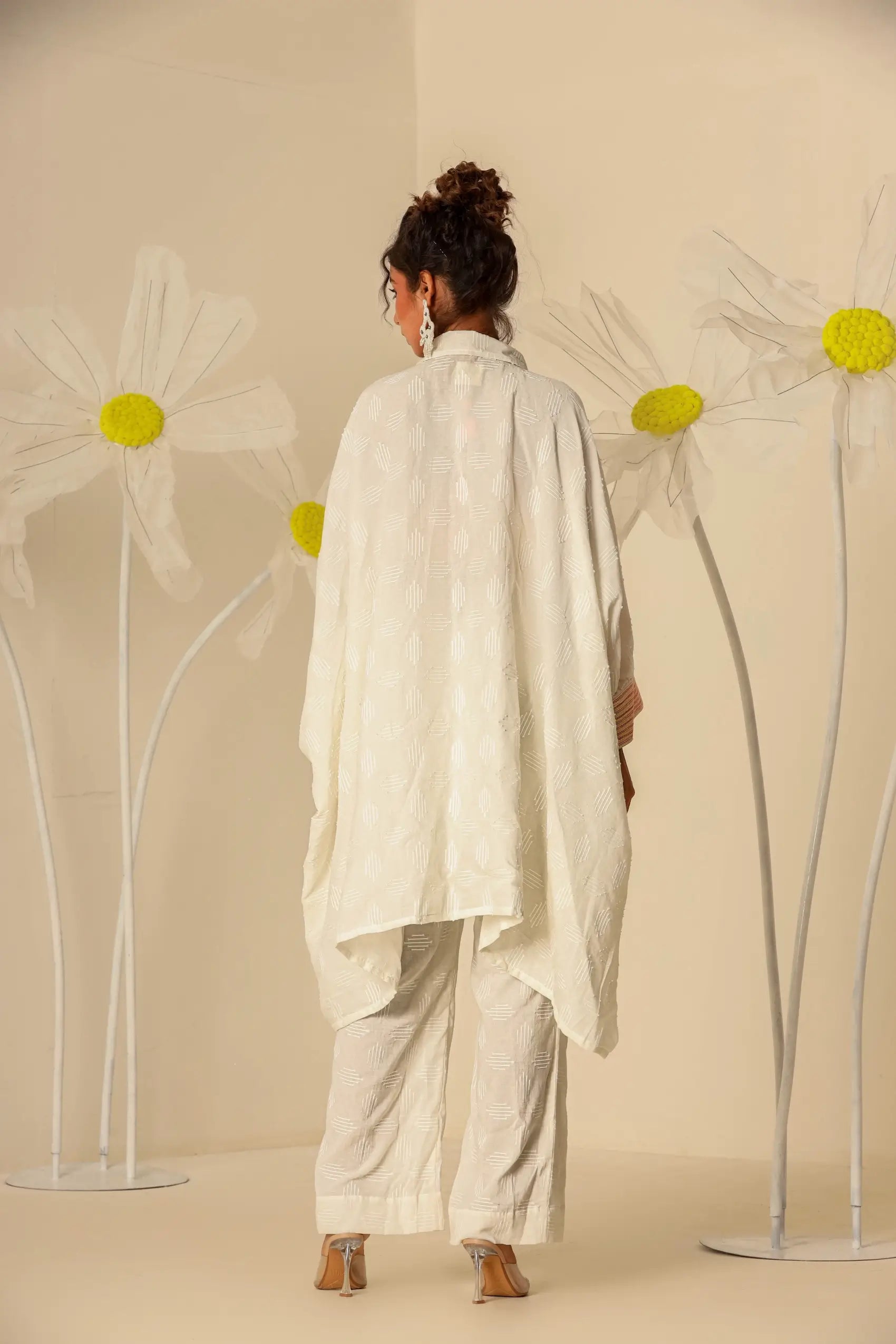 Off White shirt kaftan and pants with Lehariya bustier - Set of 3