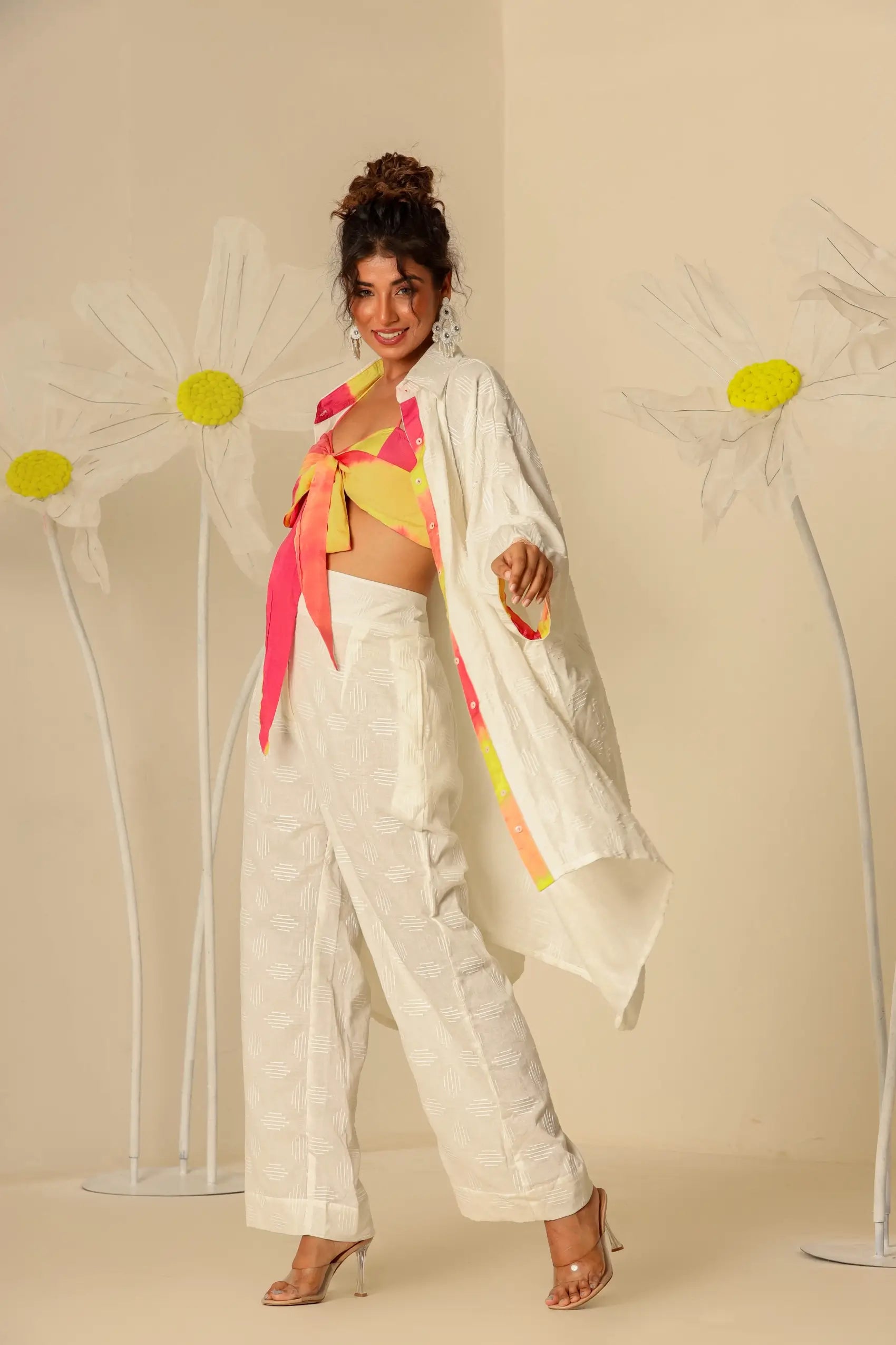 Off White shirt kaftan and pants with Lehariya bustier - Set of 3