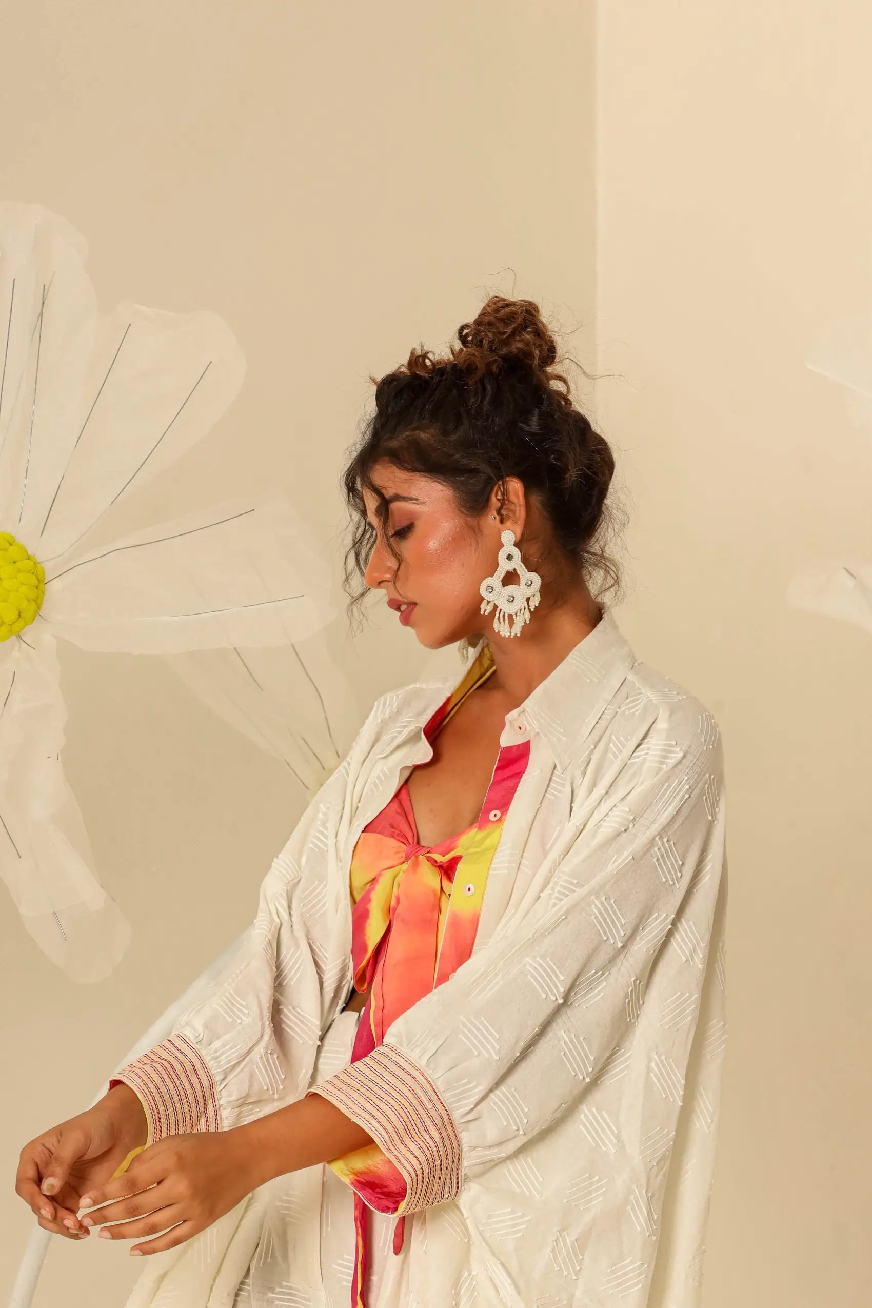 Off White shirt kaftan and pants with Lehariya bustier - Set of 3