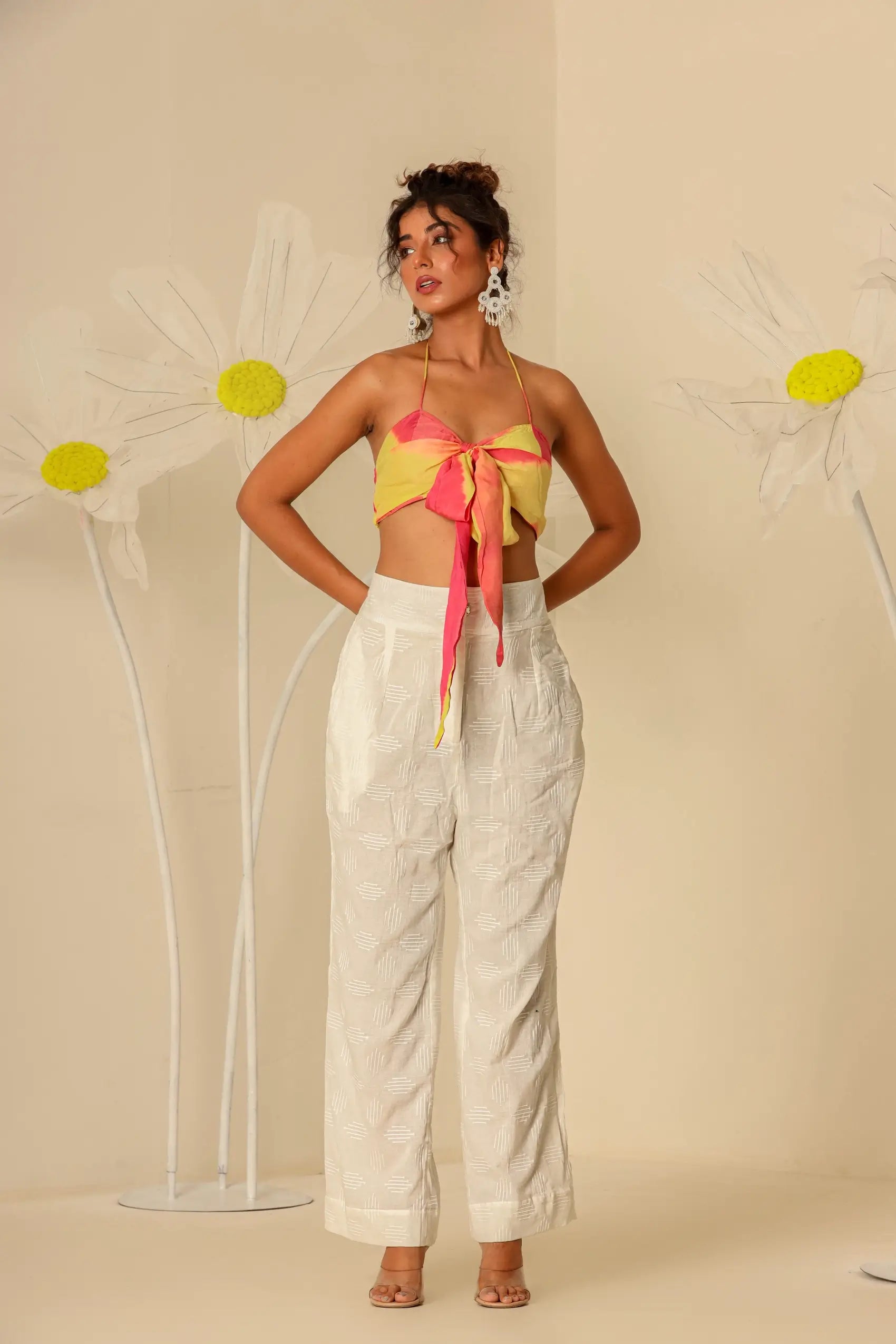 Off White shirt kaftan and pants with Lehariya bustier - Set of 3