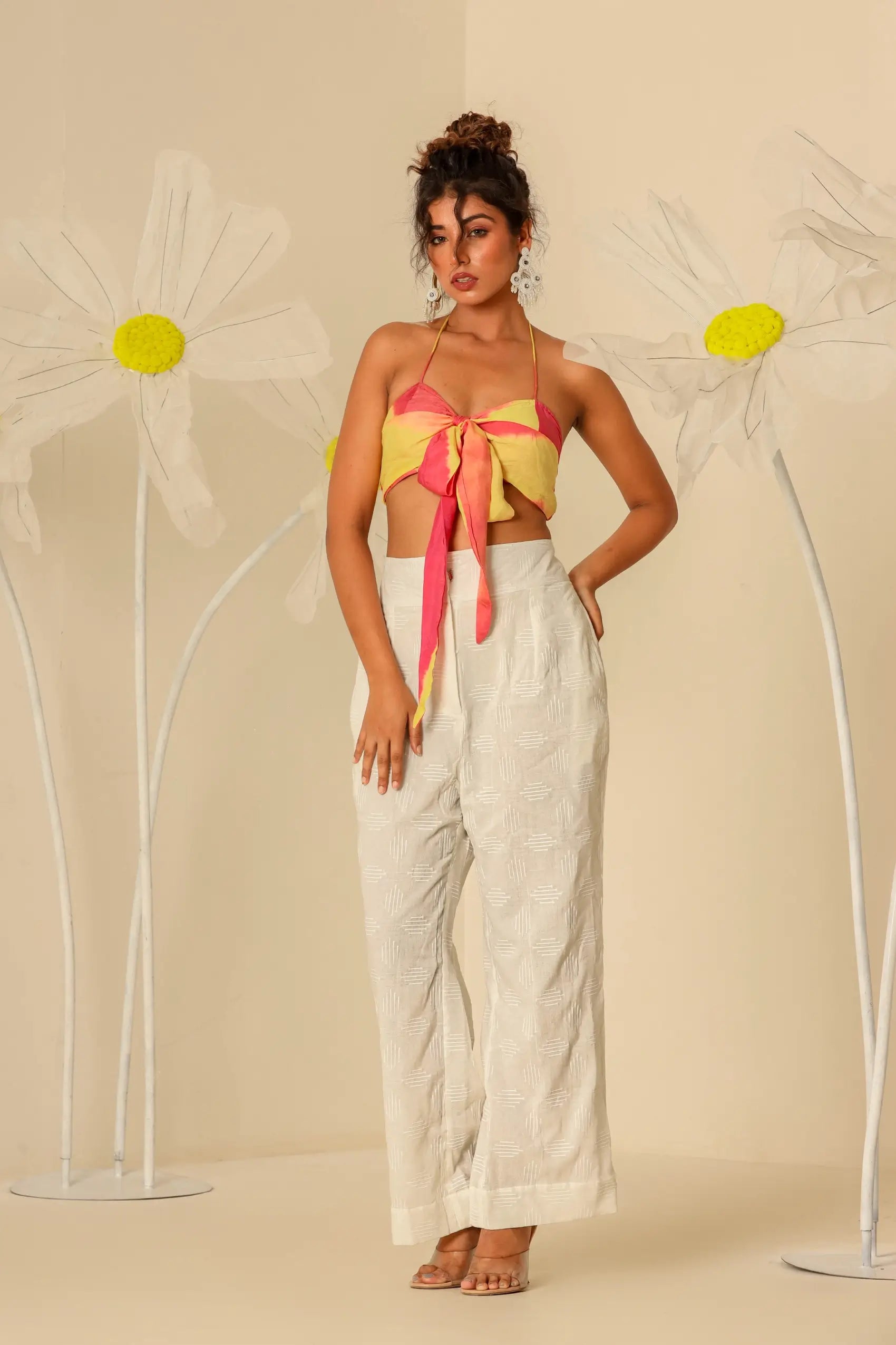 Off White shirt kaftan and pants with Lehariya bustier - Set of 3