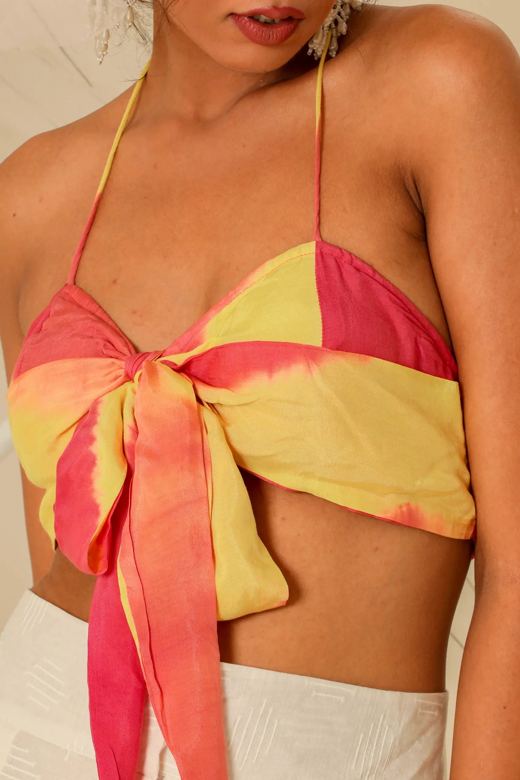 Off White shirt kaftan and pants with Lehariya bustier - Set of 3