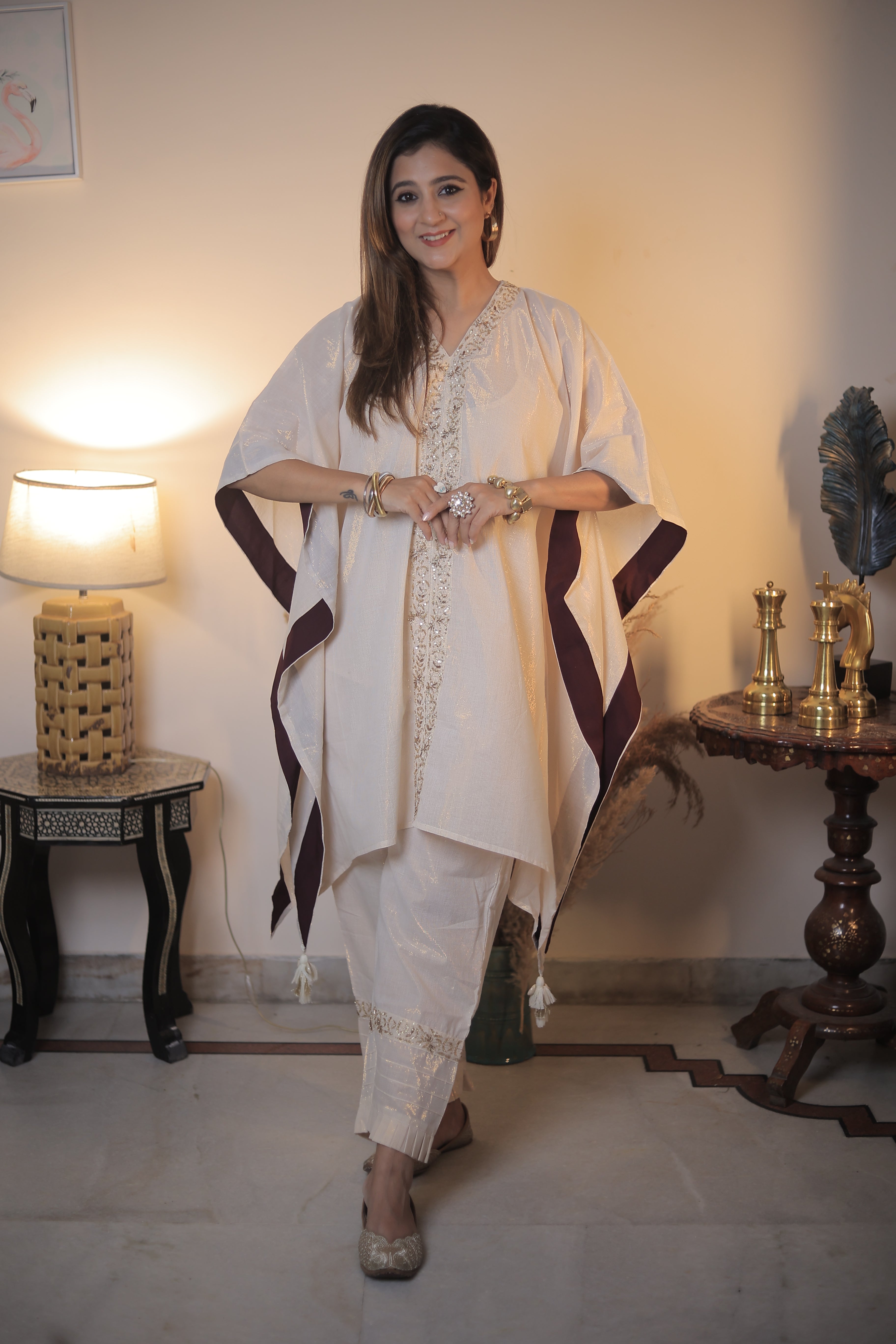 Ivory Kaftan, Inner And Pants - Set Of Three