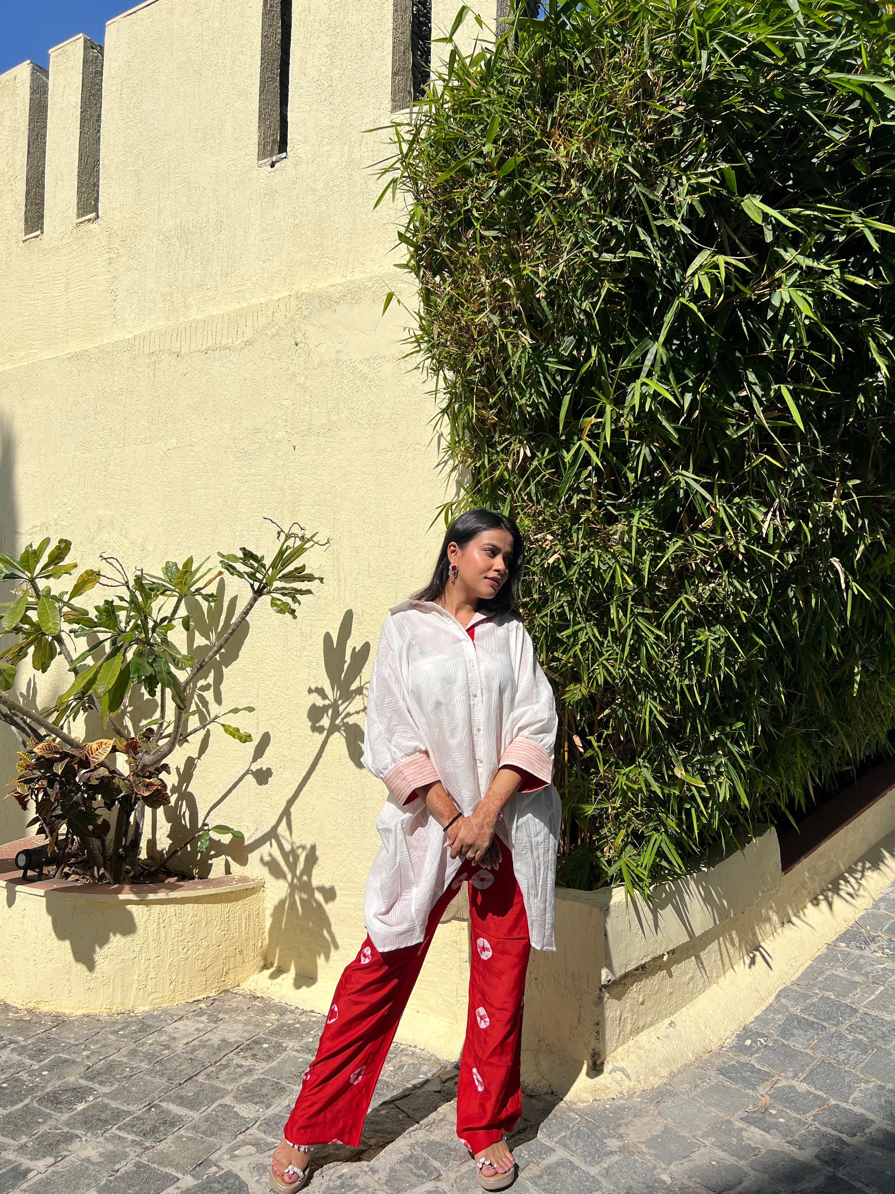 Off White shirt kaftan with red tie & dye bandhej pants - Set of 2