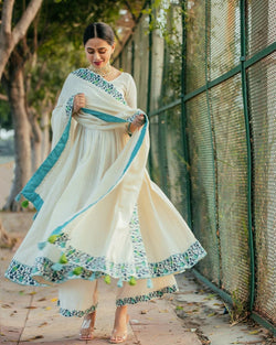 Turquoise Embroidered Anarkali - Set of Three