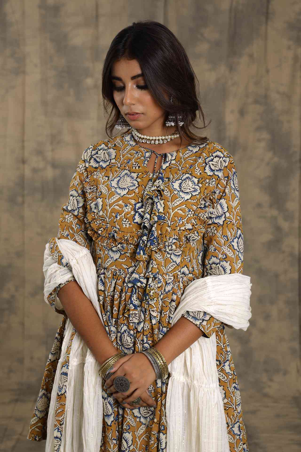 Beige Tassel Sharara - Set Of Three