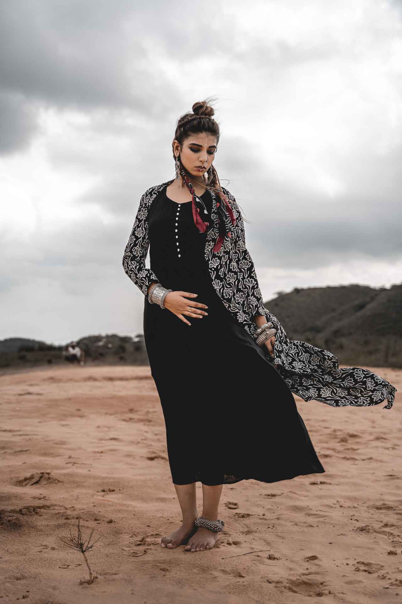 Black Rayon Dress With Cotton Block Printed Asymmetric Cape - Set Of Two