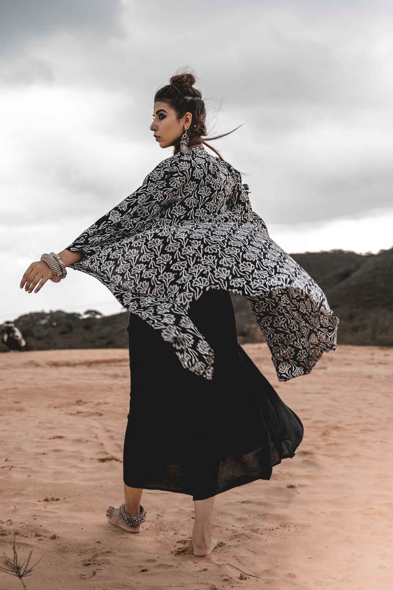 Black Rayon Dress With Cotton Block Printed Asymmetric Cape - Set Of Two