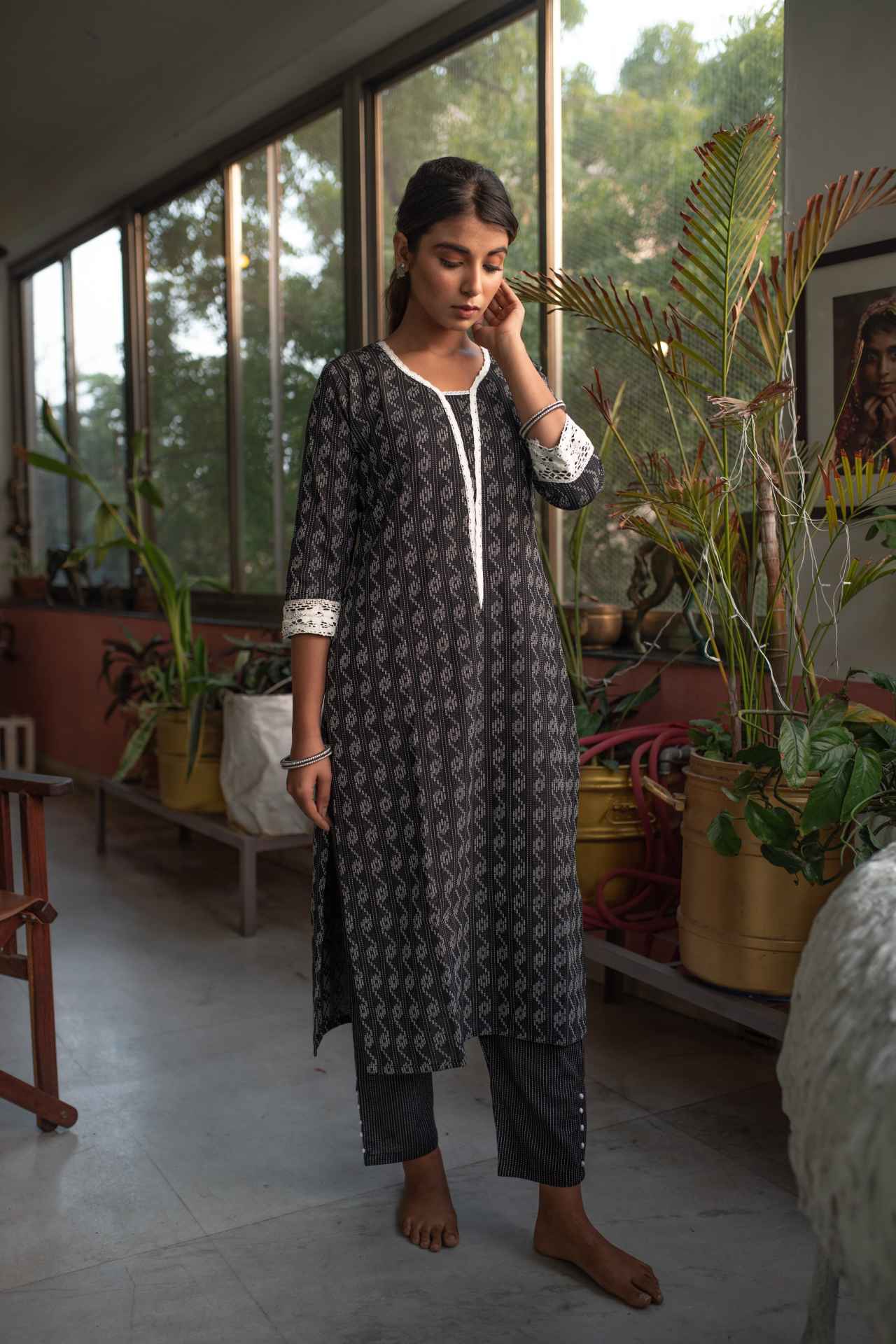 Black Self Weaved Crochet Kurta & Pant Set