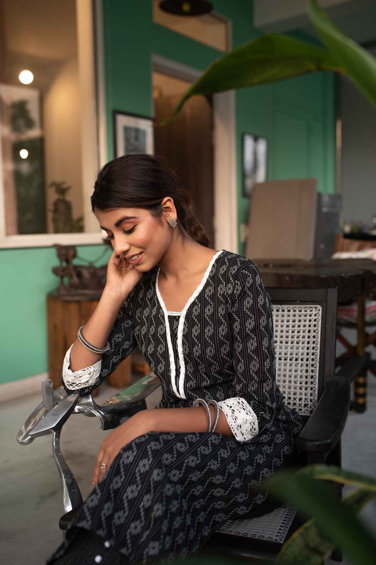 Black Self Weaved Crochet Kurta & Pant Set