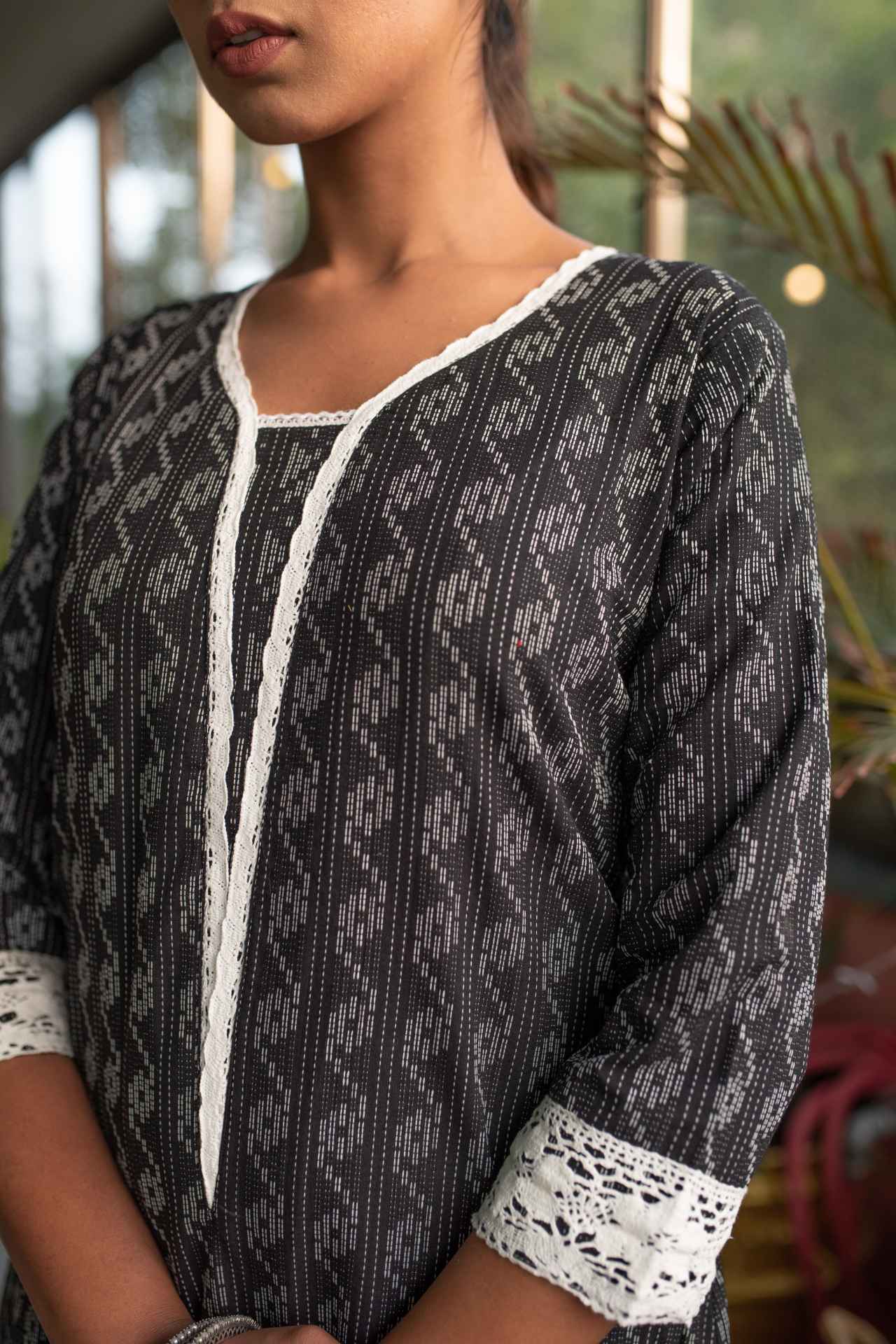 Black Self Weaved Crochet Kurta & Pant Set