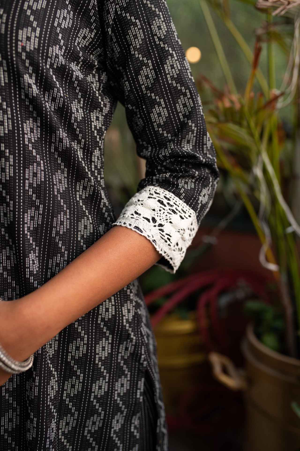 Black Self Weaved Crochet Kurta & Pant Set