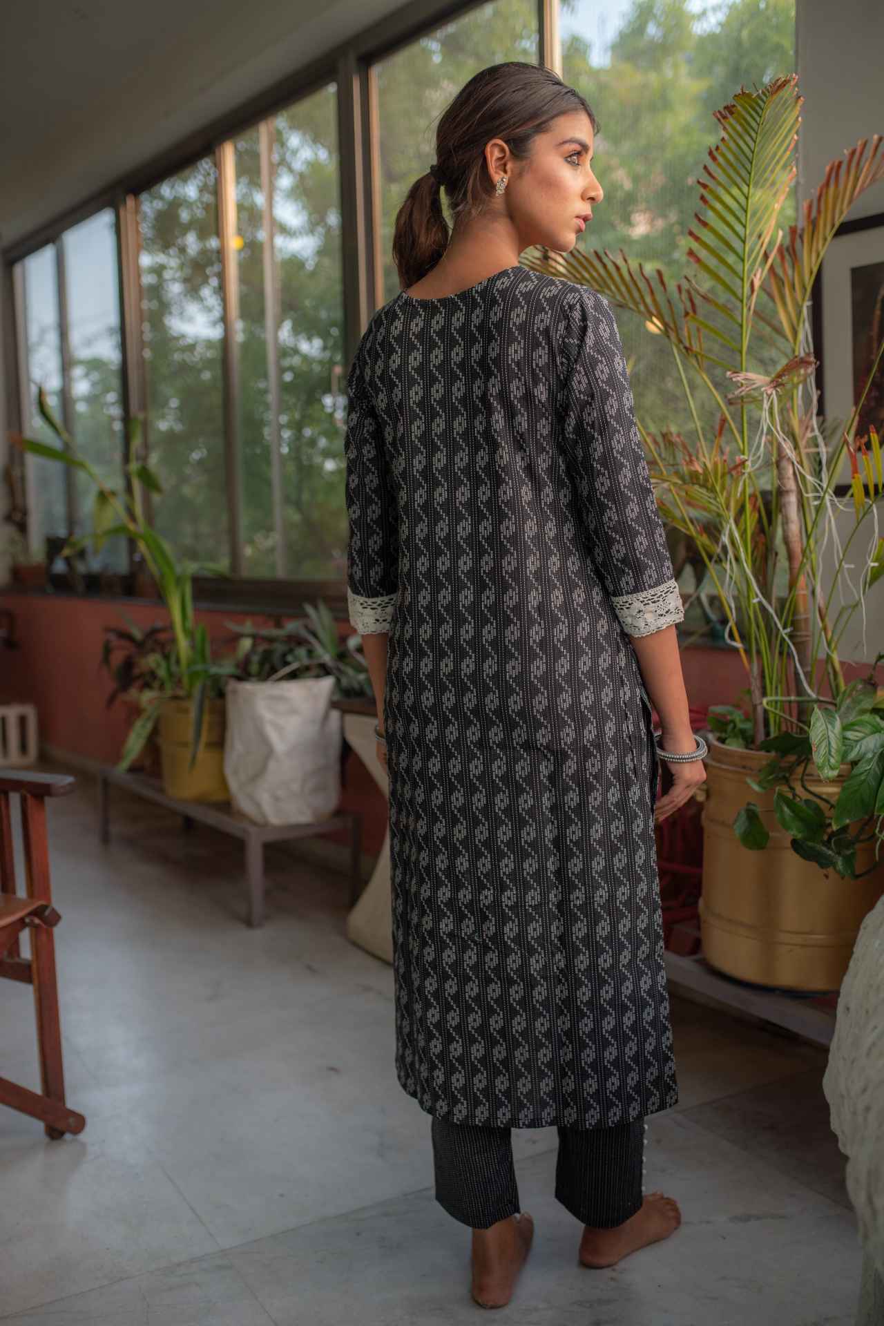 Black Self Weaved Crochet Kurta & Pant Set