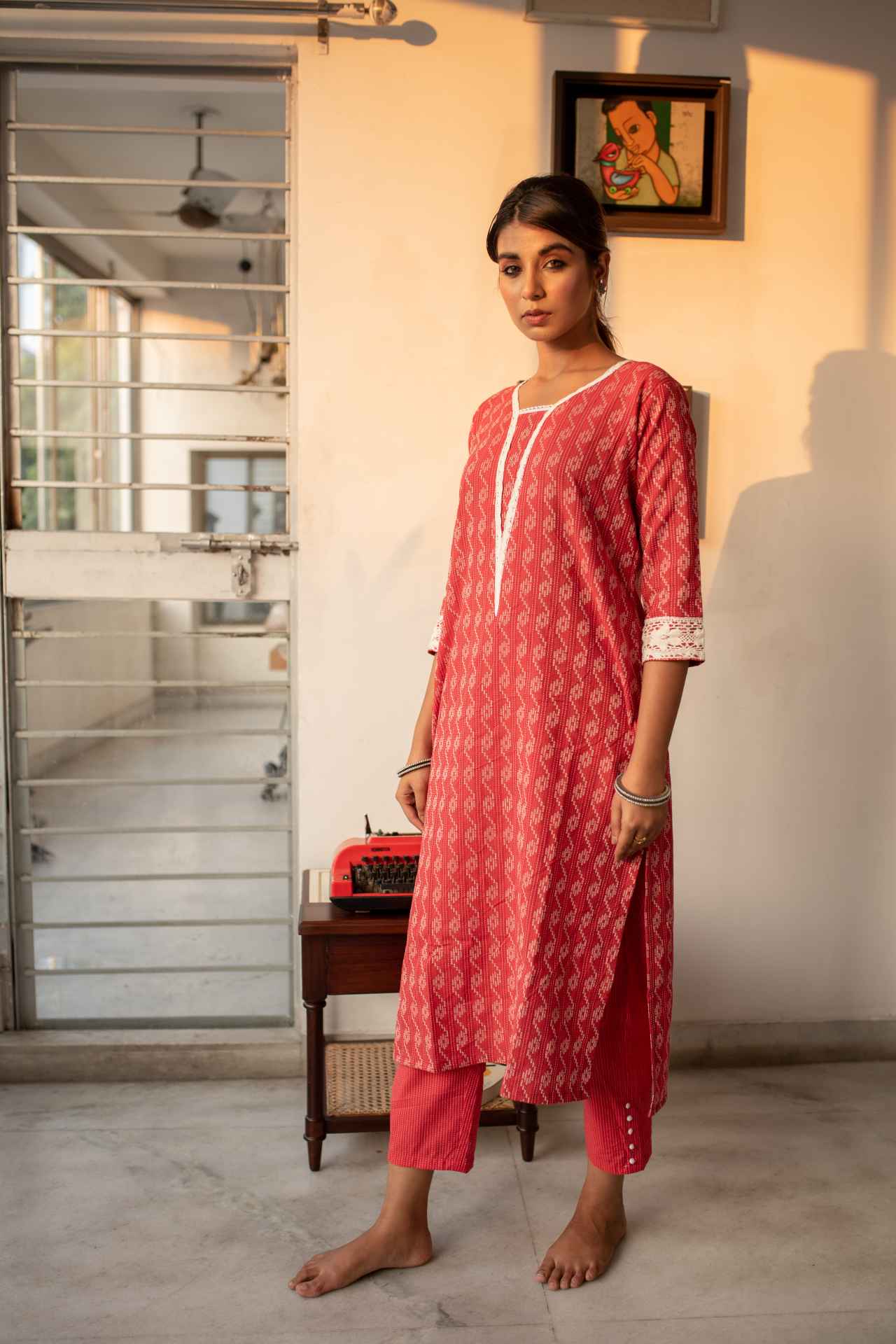 Brick Red Self Weaved Crochet Kurta & Pant Set
