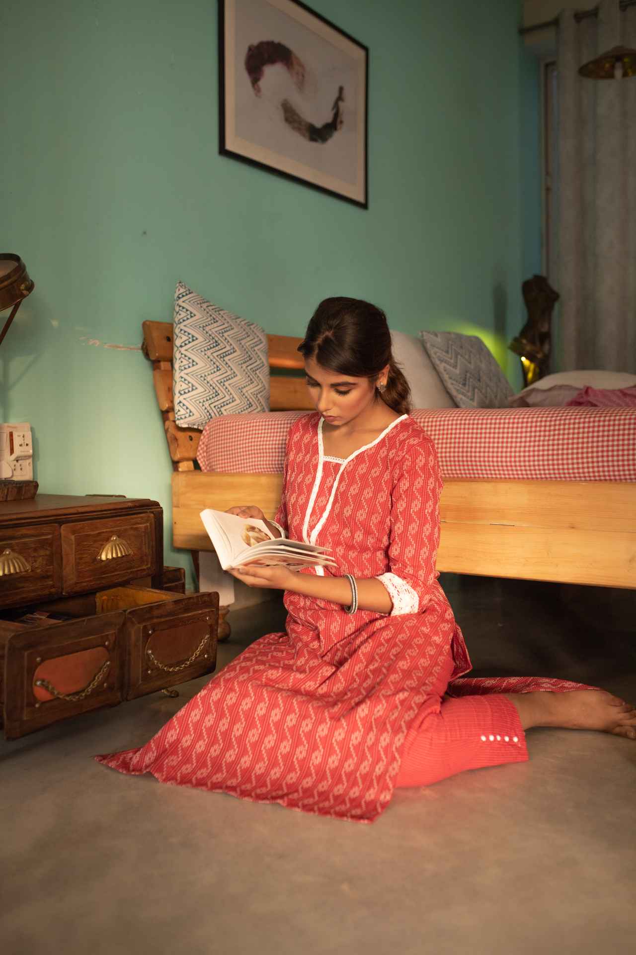 Brick Red Self Weaved Crochet Kurta & Pant Set