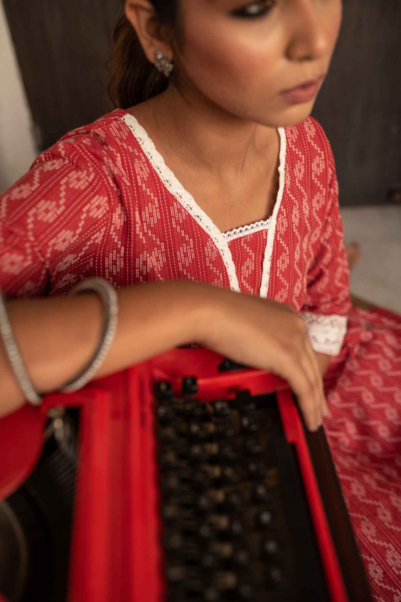 Brick Red Self Weaved Crochet Kurta & Pant Set