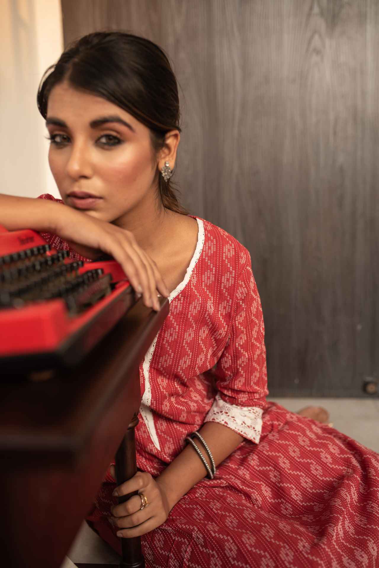 Brick Red Self Weaved Crochet Kurta & Pant Set