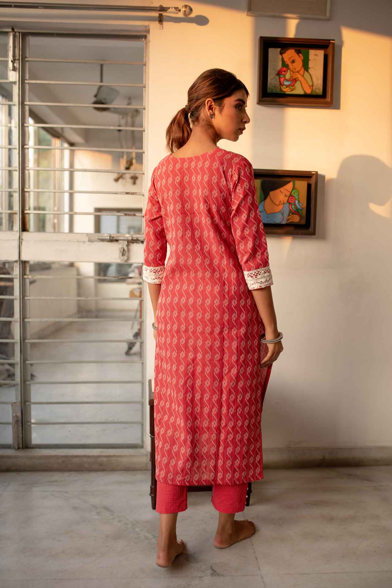 Brick Red Self Weaved Crochet Kurta & Pant Set