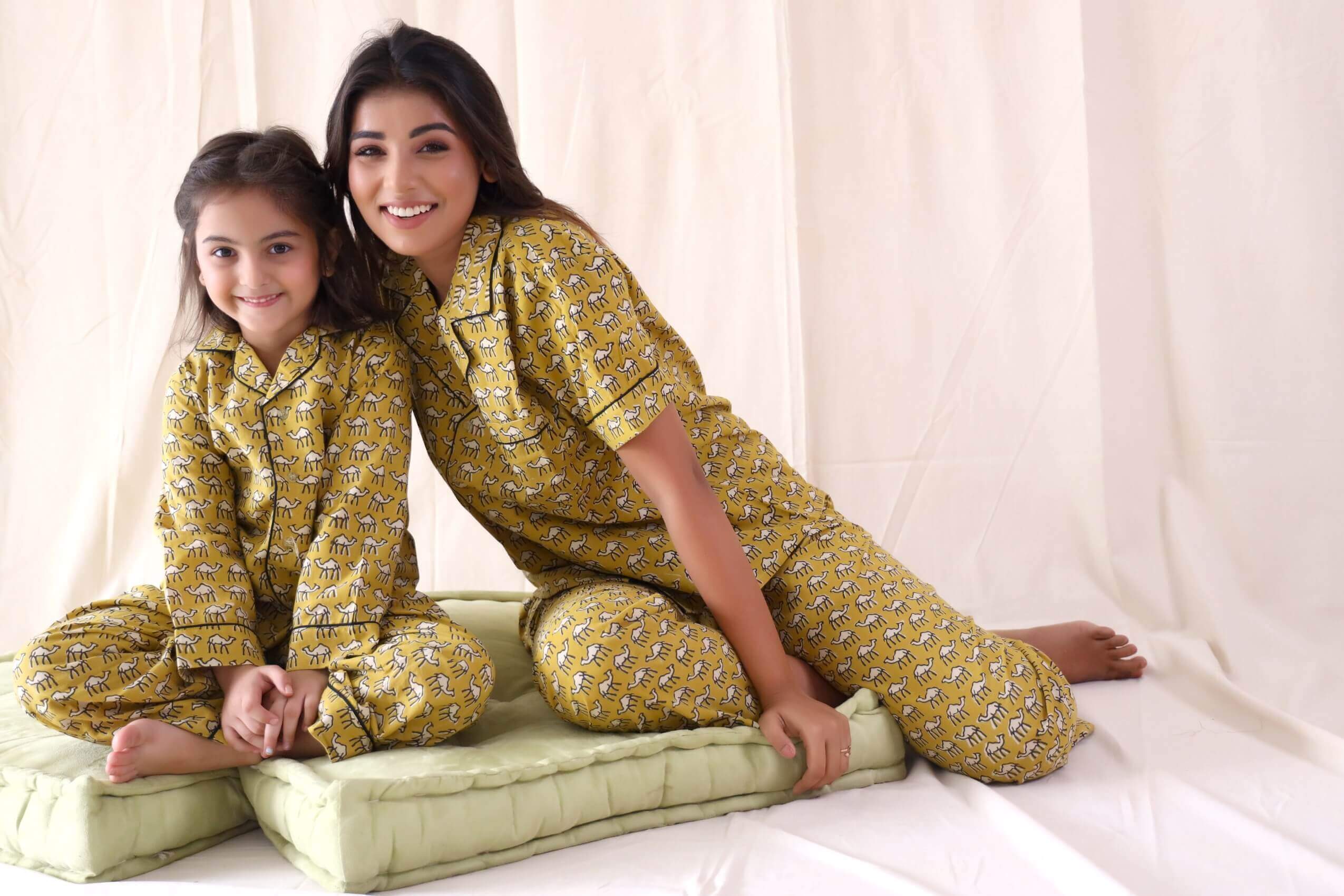 Camel Cotton Blockprint - Mother And Kid Twining Set Of Four