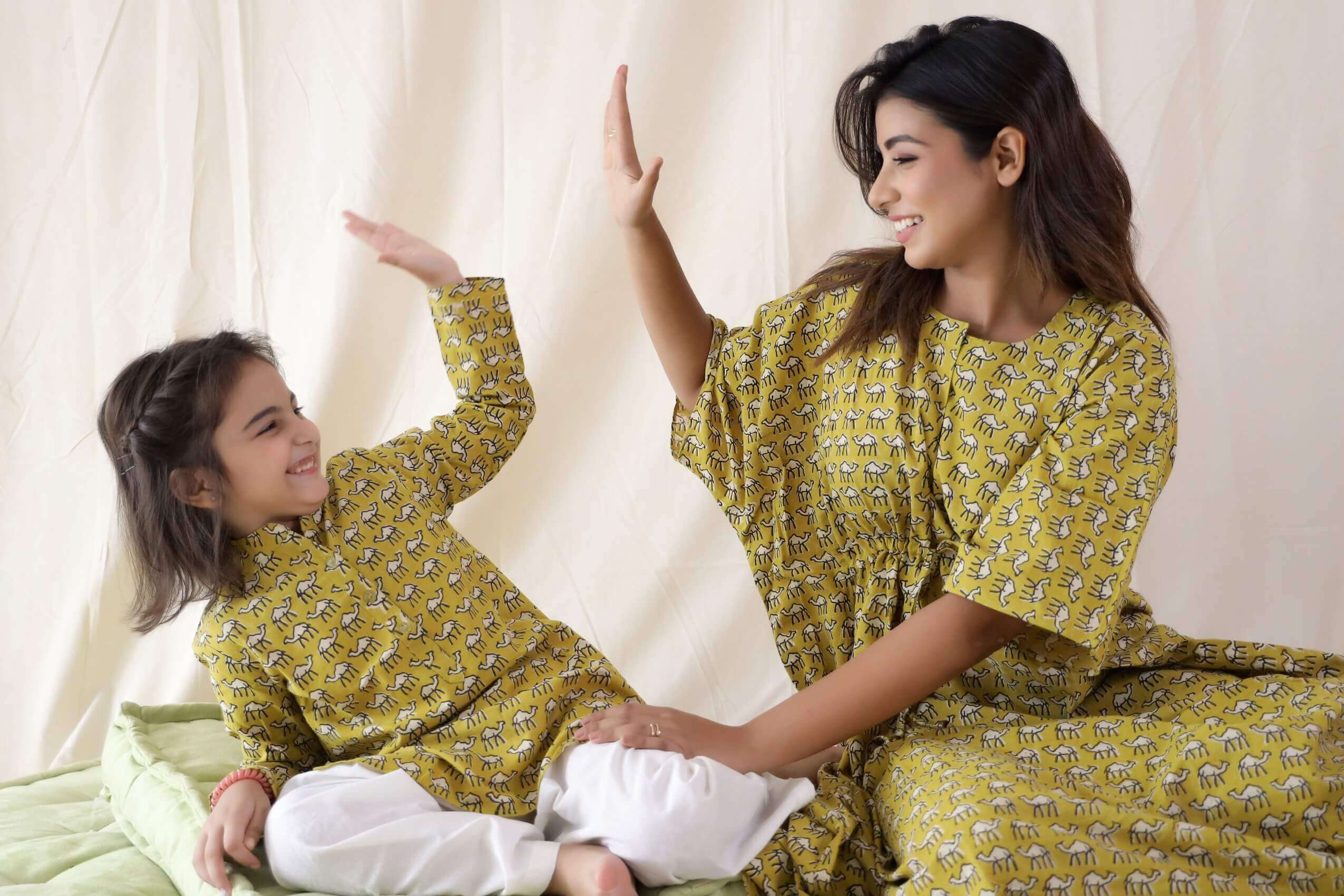 Camel Print Cotton Blockprint Mother And Kid Twining Set Kaftan And Unisex Kurta Pyjama Set For Kids - Set Of Three