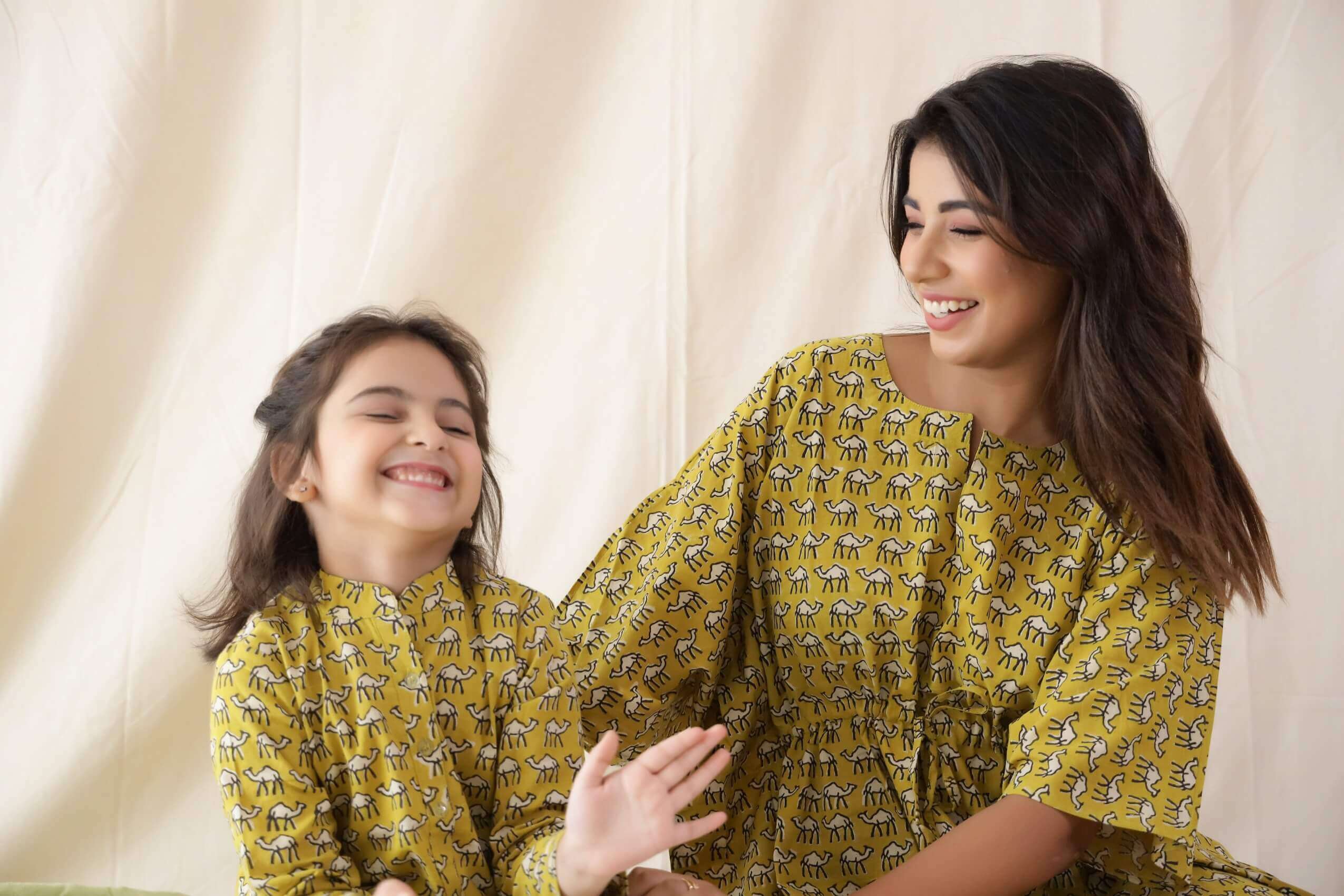 Camel Print Cotton Blockprint Mother And Kid Twining Set Kaftan And Unisex Kurta Pyjama Set For Kids - Set Of Three