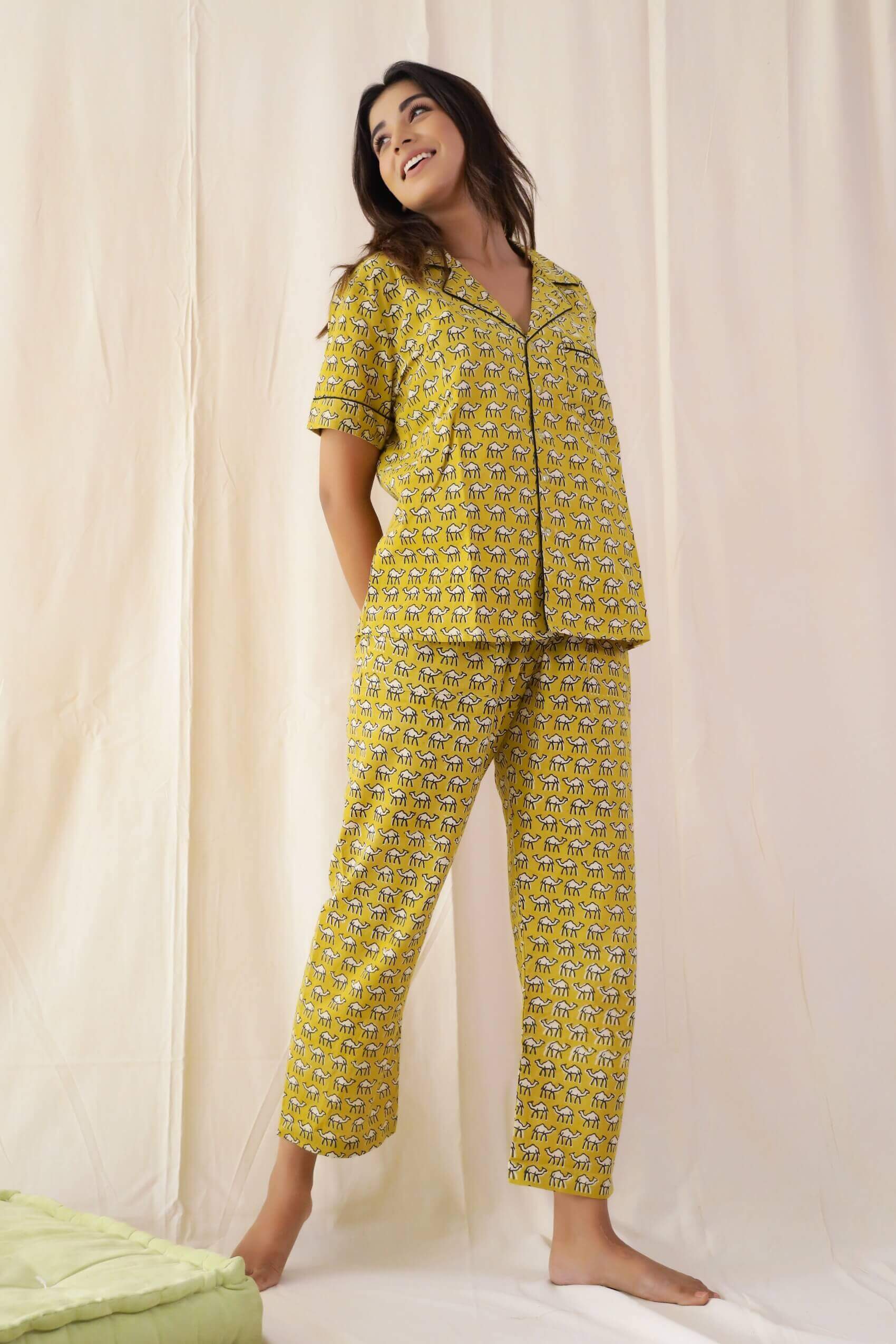 Camel Print Nightsuit With Pyjamas- Set Of Two