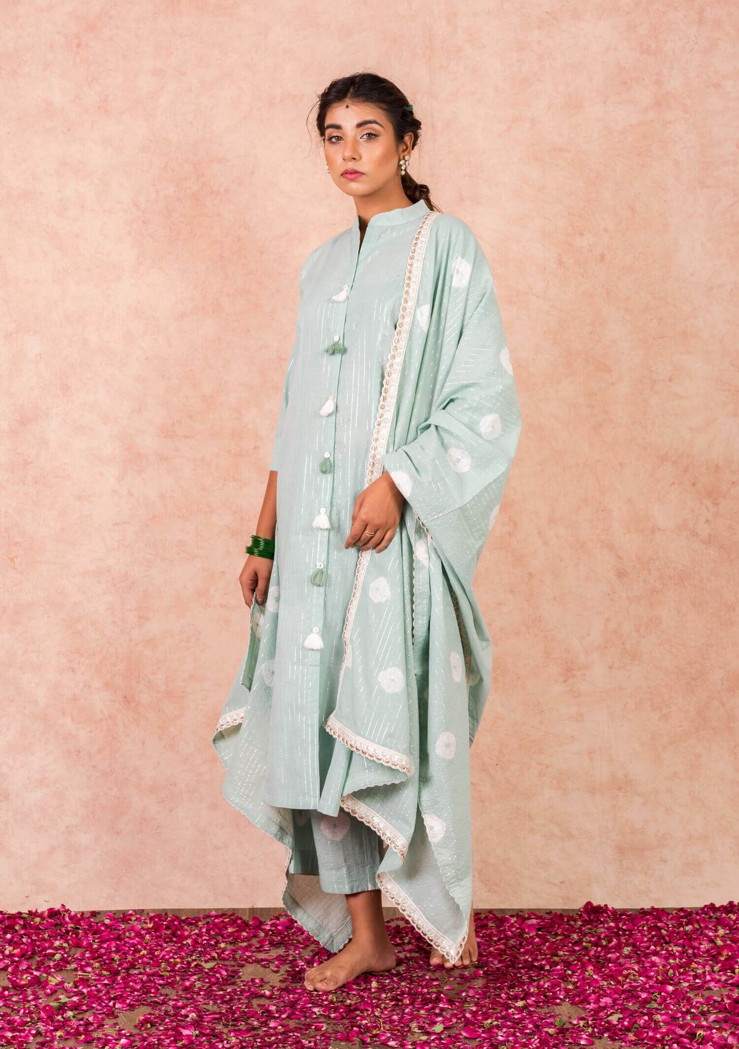 Chinese Collar Kurta with Palazzo and Dupatta - Set of Three