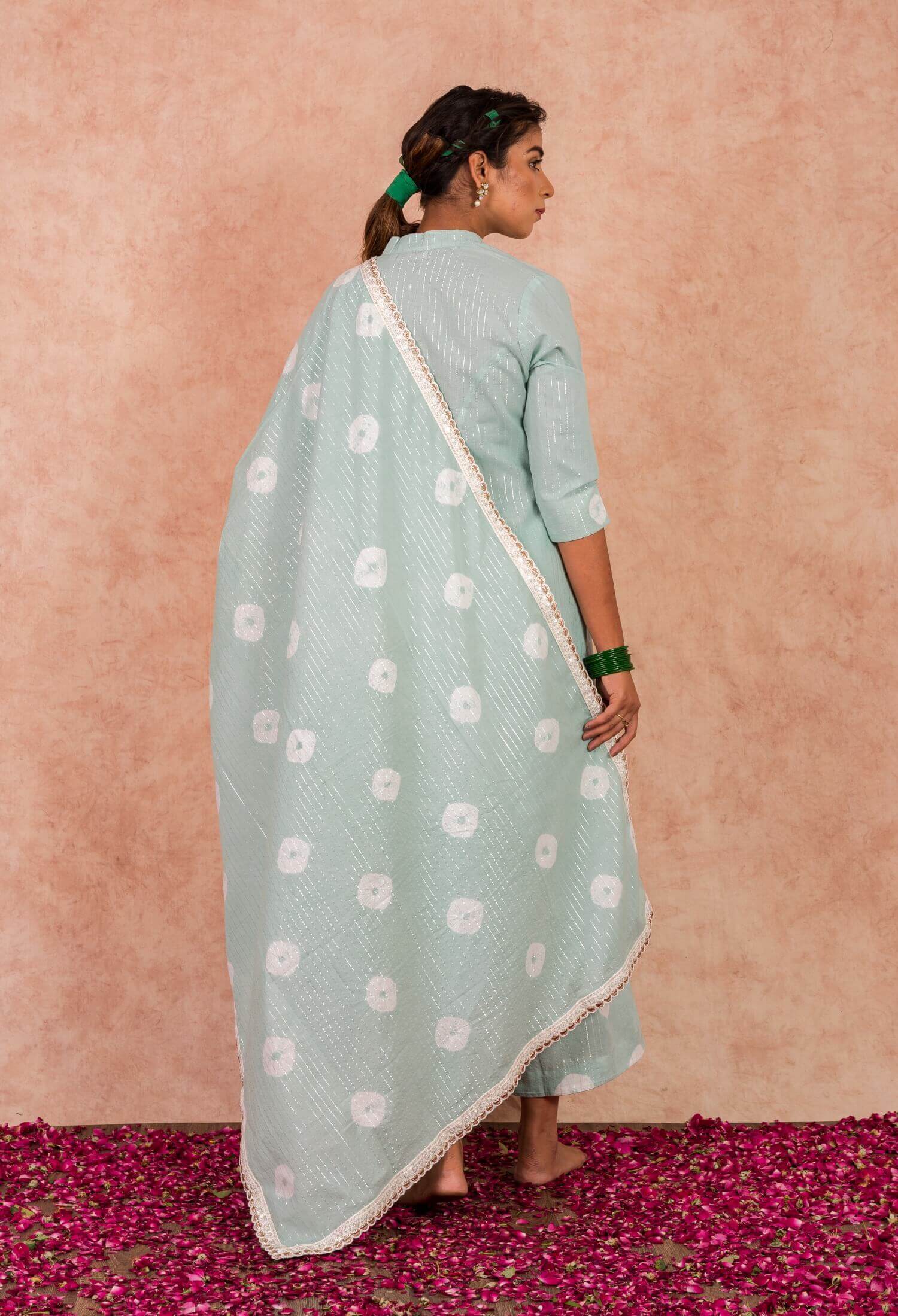 Chinese Collar Kurta with Palazzo and Dupatta - Set of Three