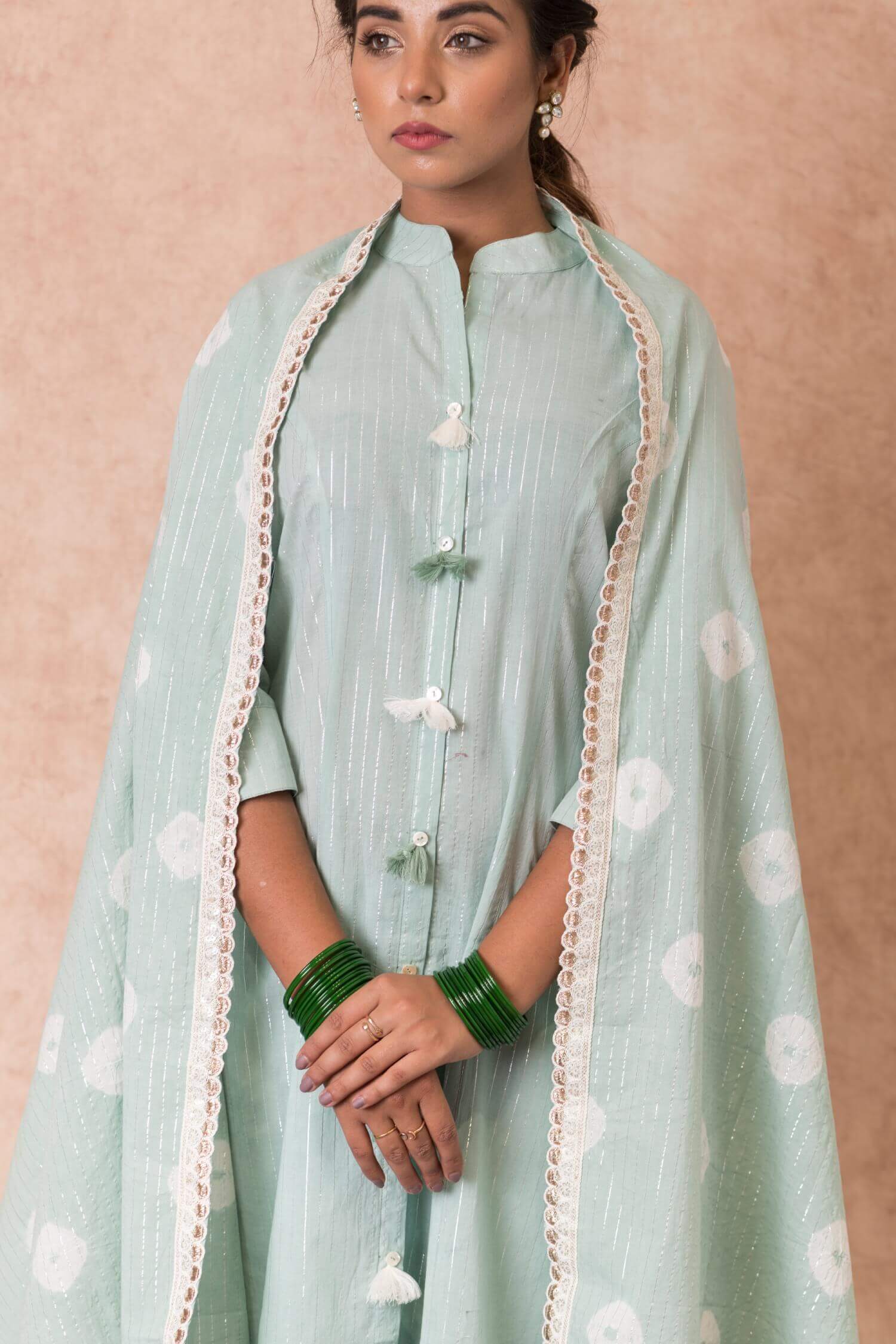 Chinese Collar Kurta with Palazzo and Dupatta - Set of Three