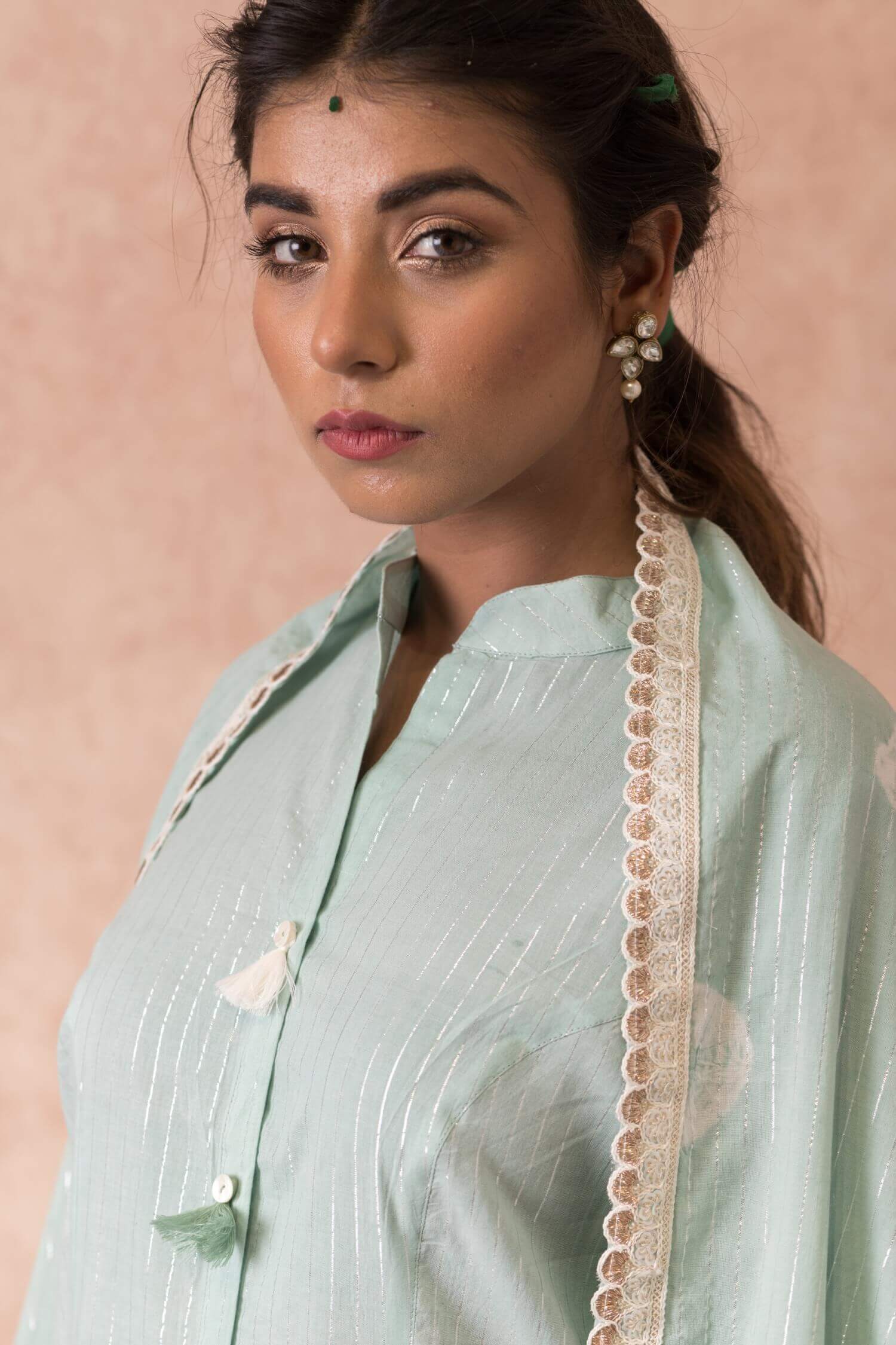 Chinese Collar Kurta with Palazzo and Dupatta - Set of Three