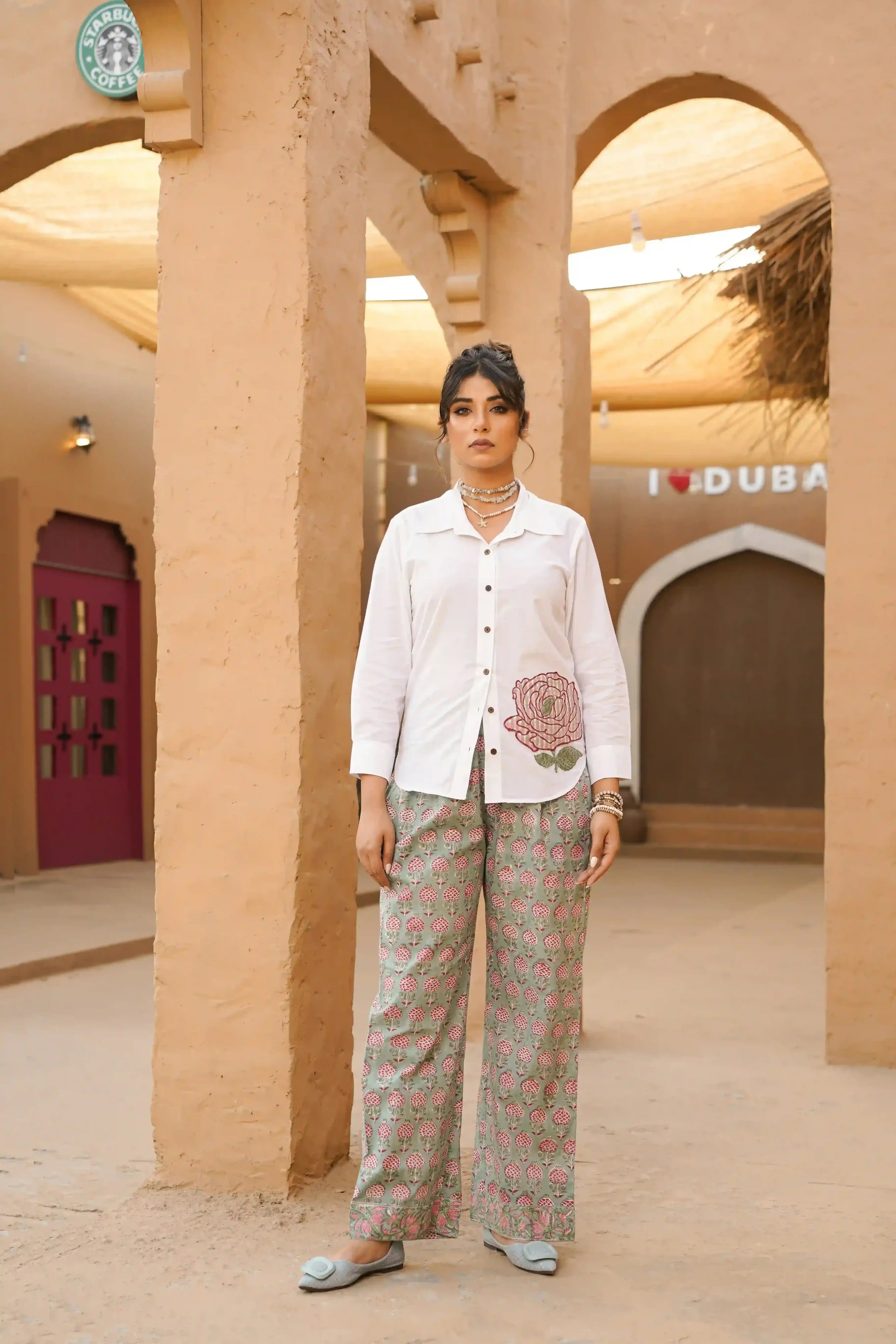 Badr Co-ord Set (White and Green)