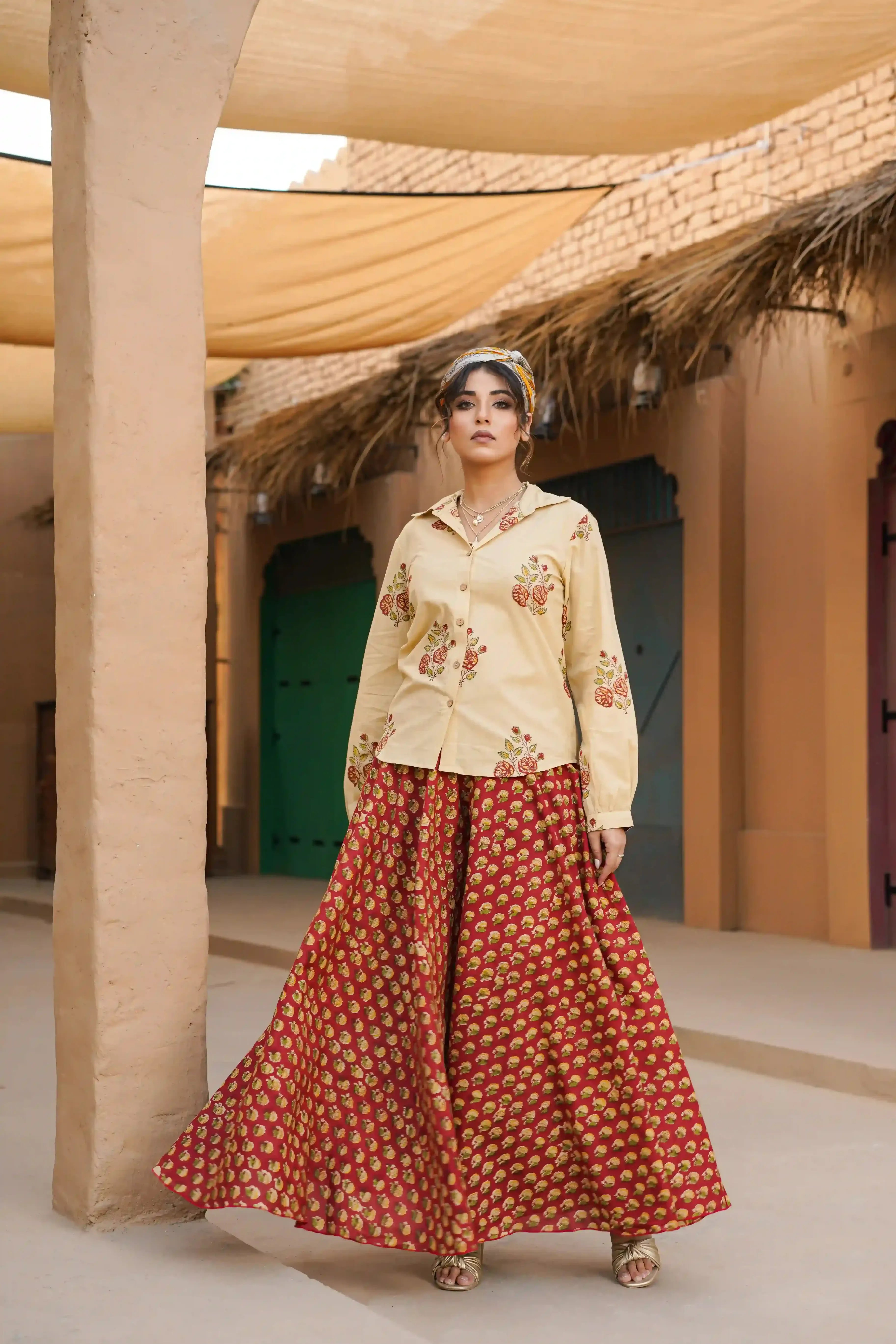 Noor Co-ord Set (Beige and Red)