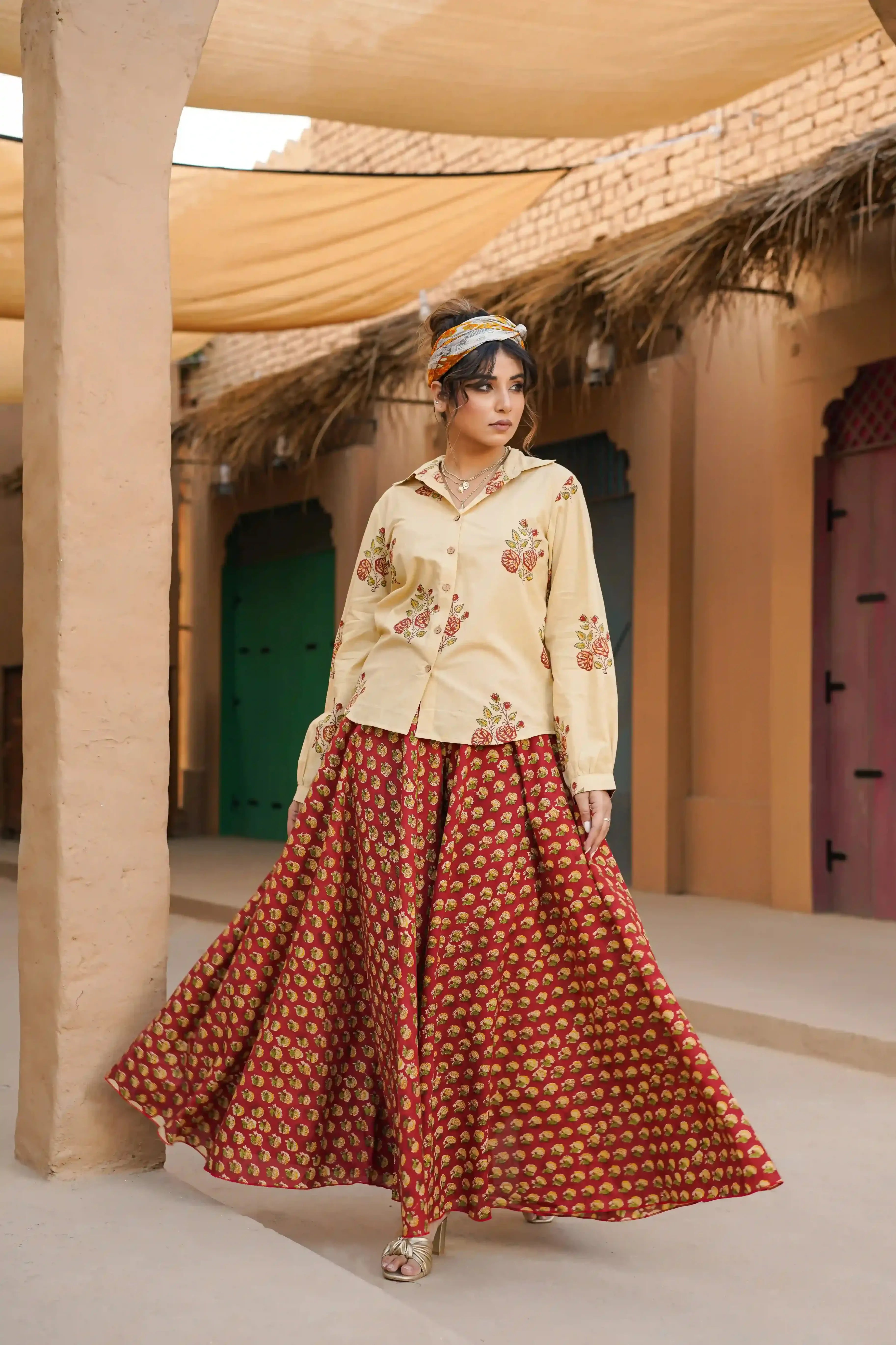 Noor Co-ord Set (Beige and Red)