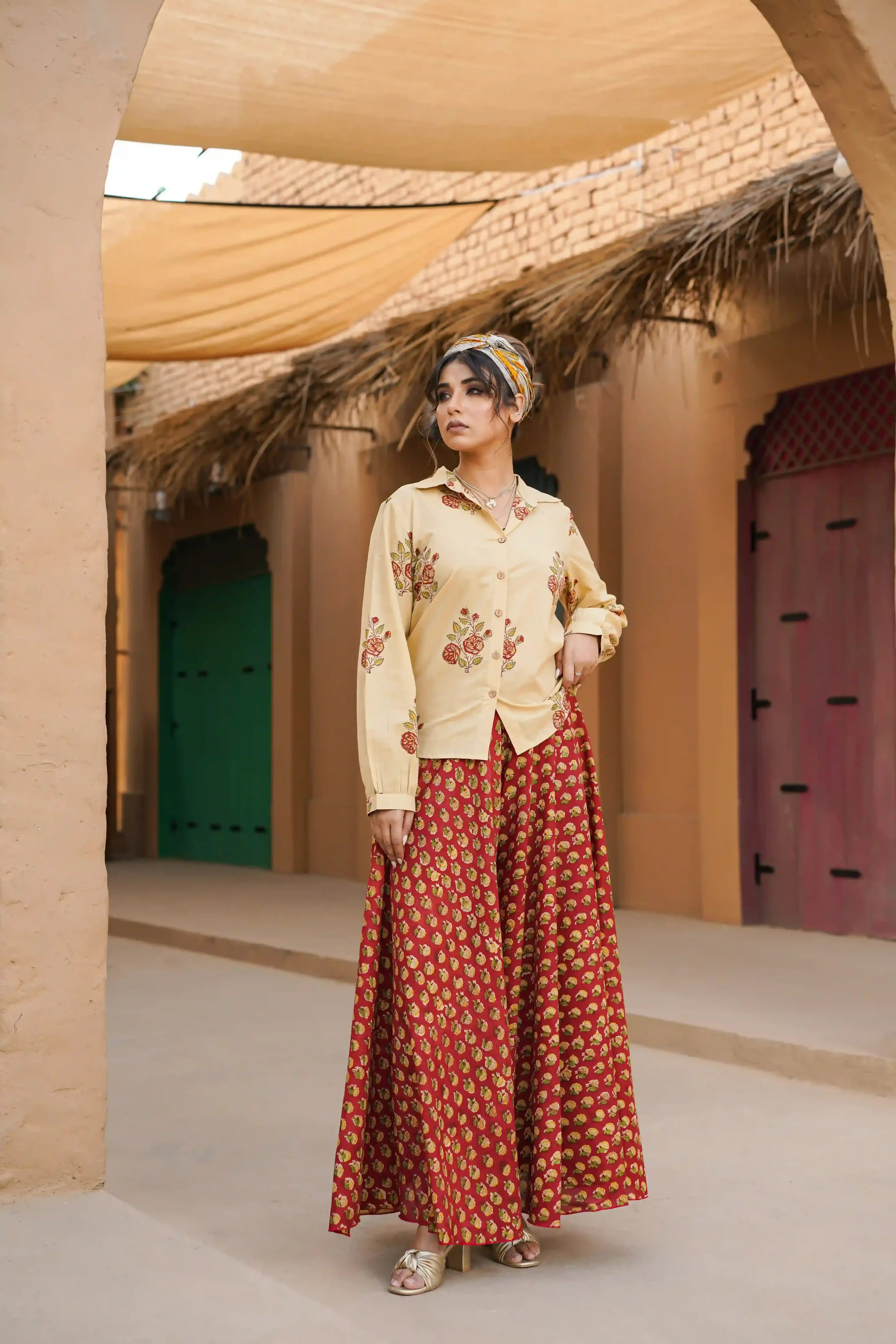 Noor Co-ord Set (Beige and Red)