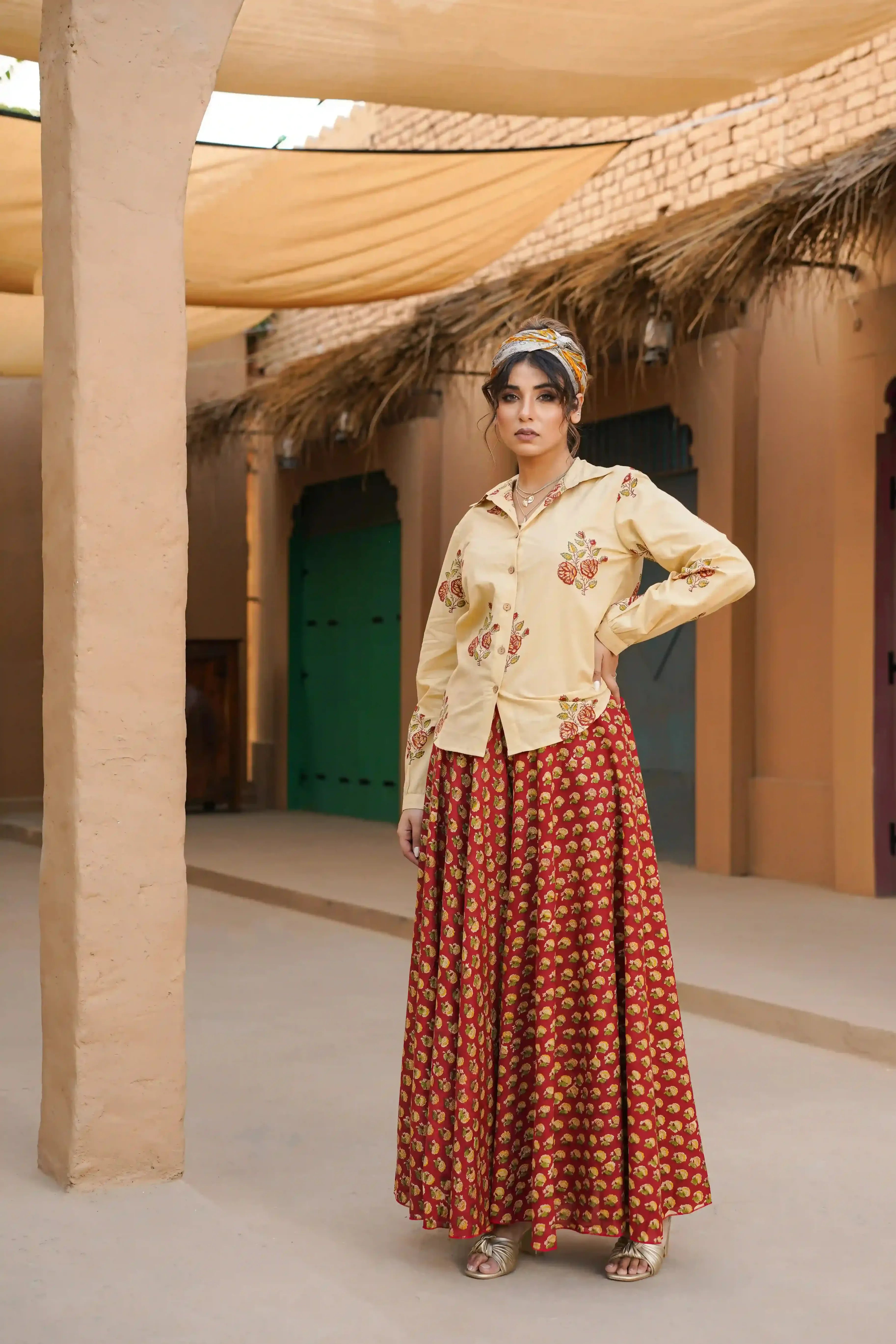 Noor Co-ord Set (Beige and Red)