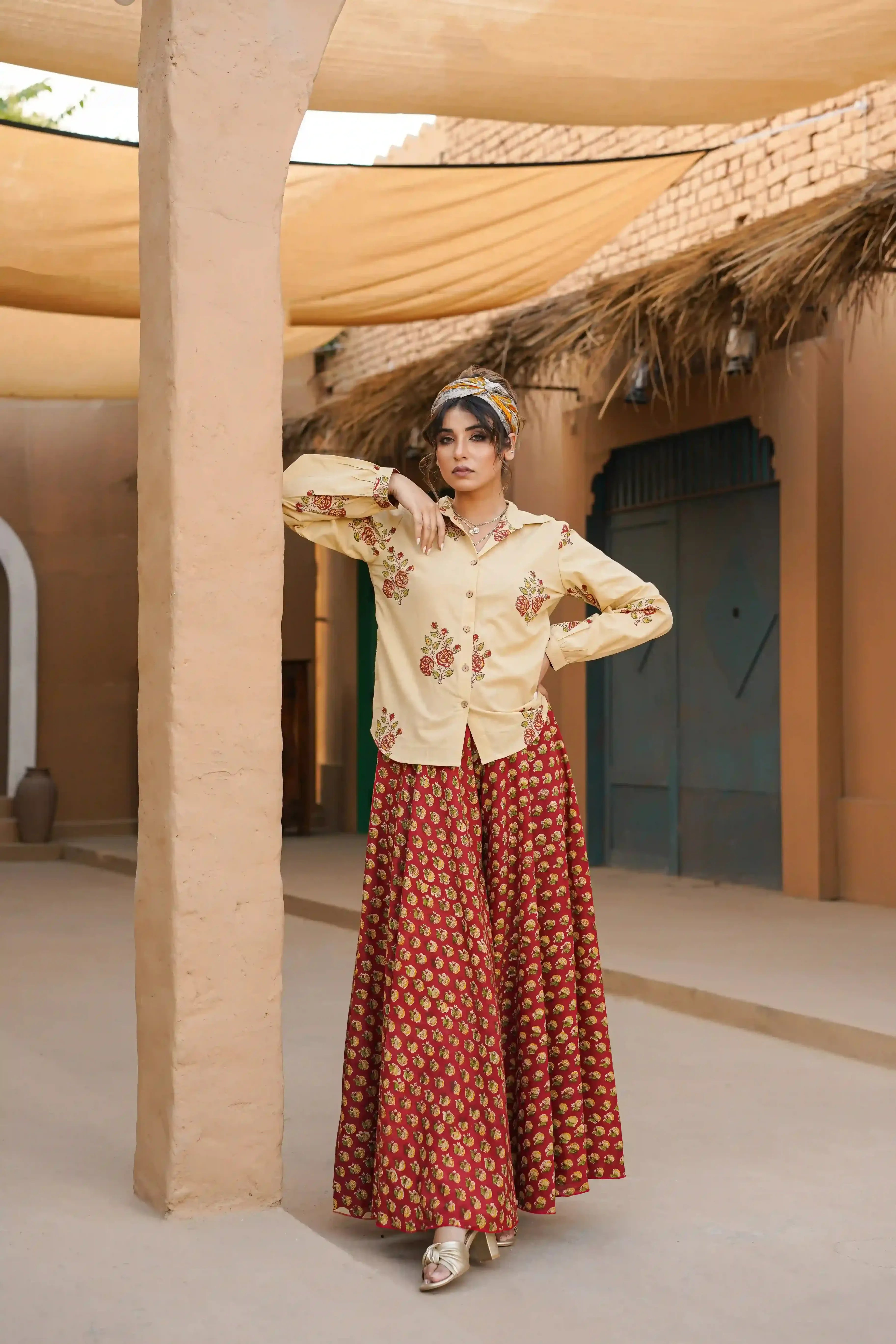 Noor Co-ord Set (Beige and Red)