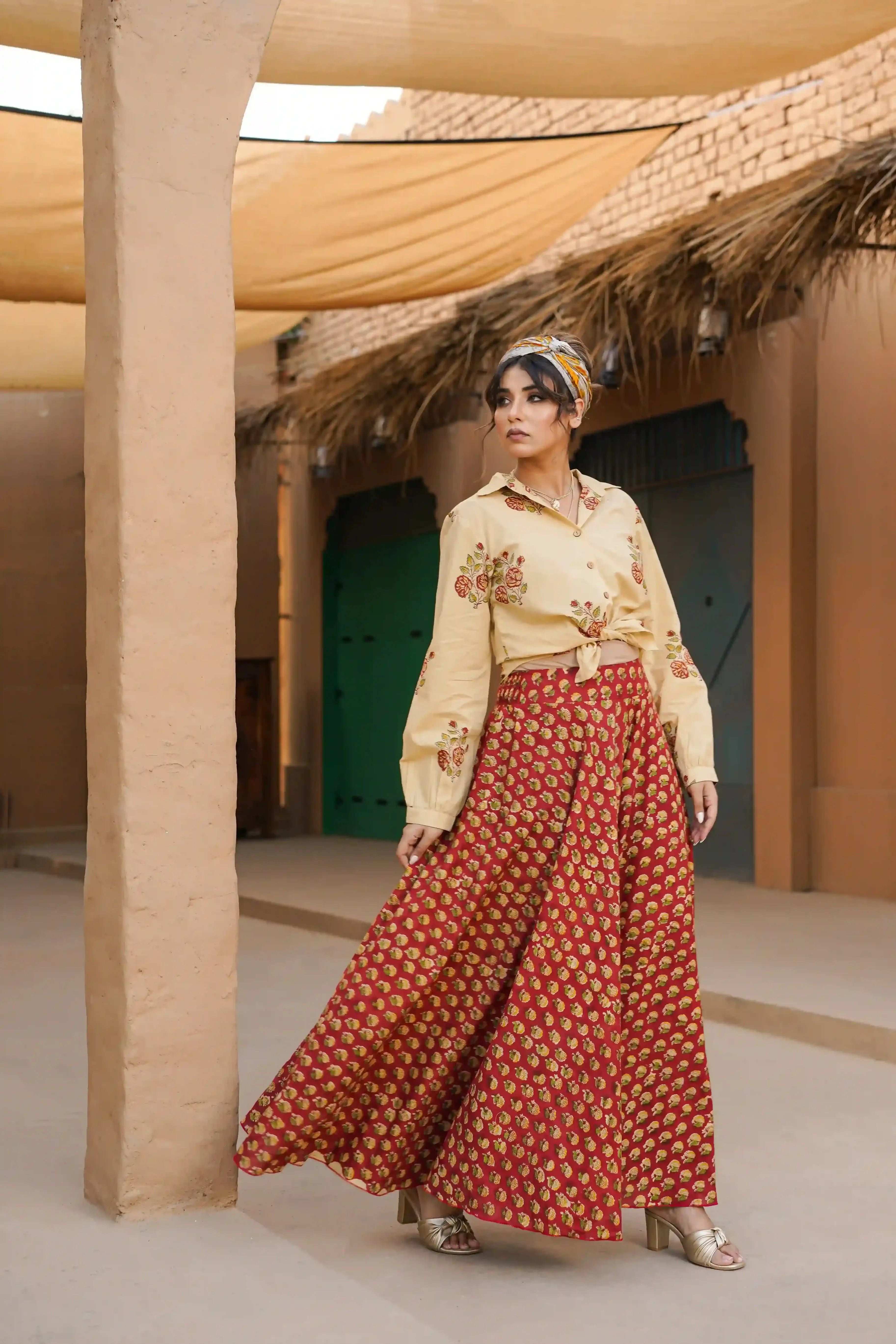 Noor Co-ord Set (Beige and Red)